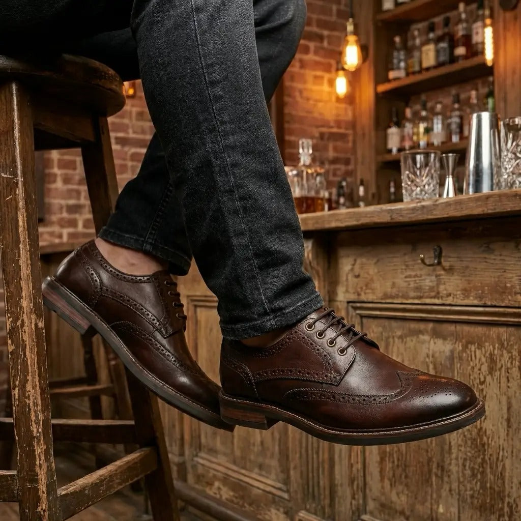 Stokes - Men's Brown Leather Wingtip Brogue Lace-Up Shoes