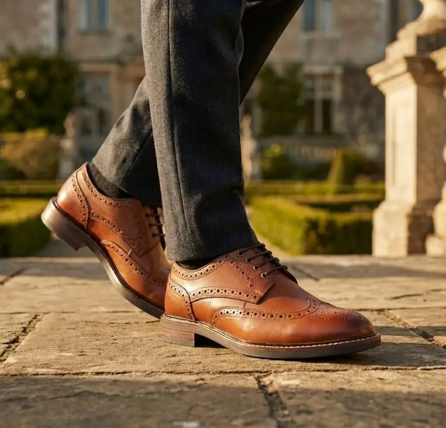Stokes - Men's Tan Leather Wingtip Brogue Lace-Up Shoes