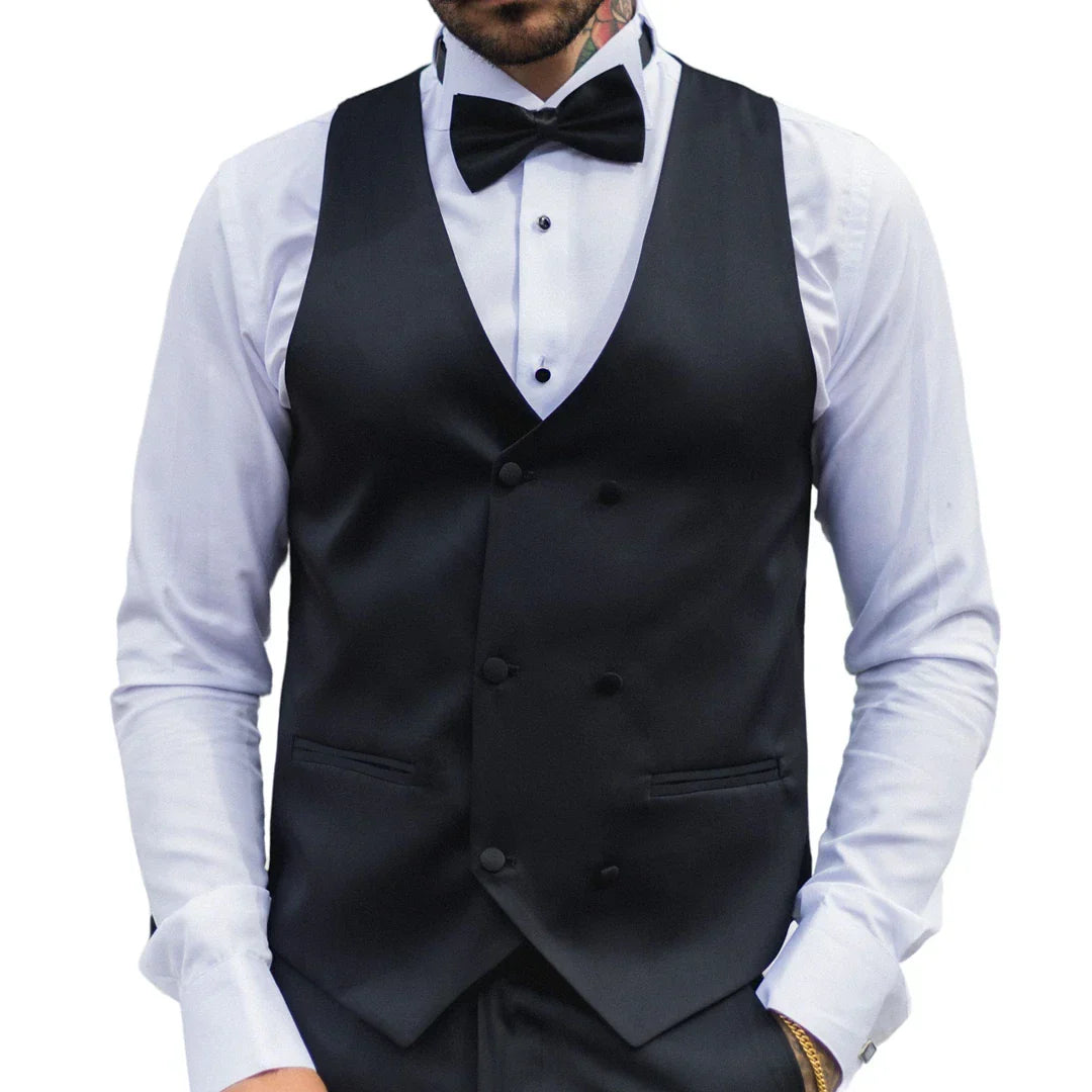 Men's Black Satin Double Breasted Waistcoat Black Tie Dinner Vest Men's Black Satin Double Breasted Waistcoat Black Tie Dinner Vest