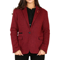 Women's Tweed Herringbone Blazer Jacket Wine Red Classic 1920s
