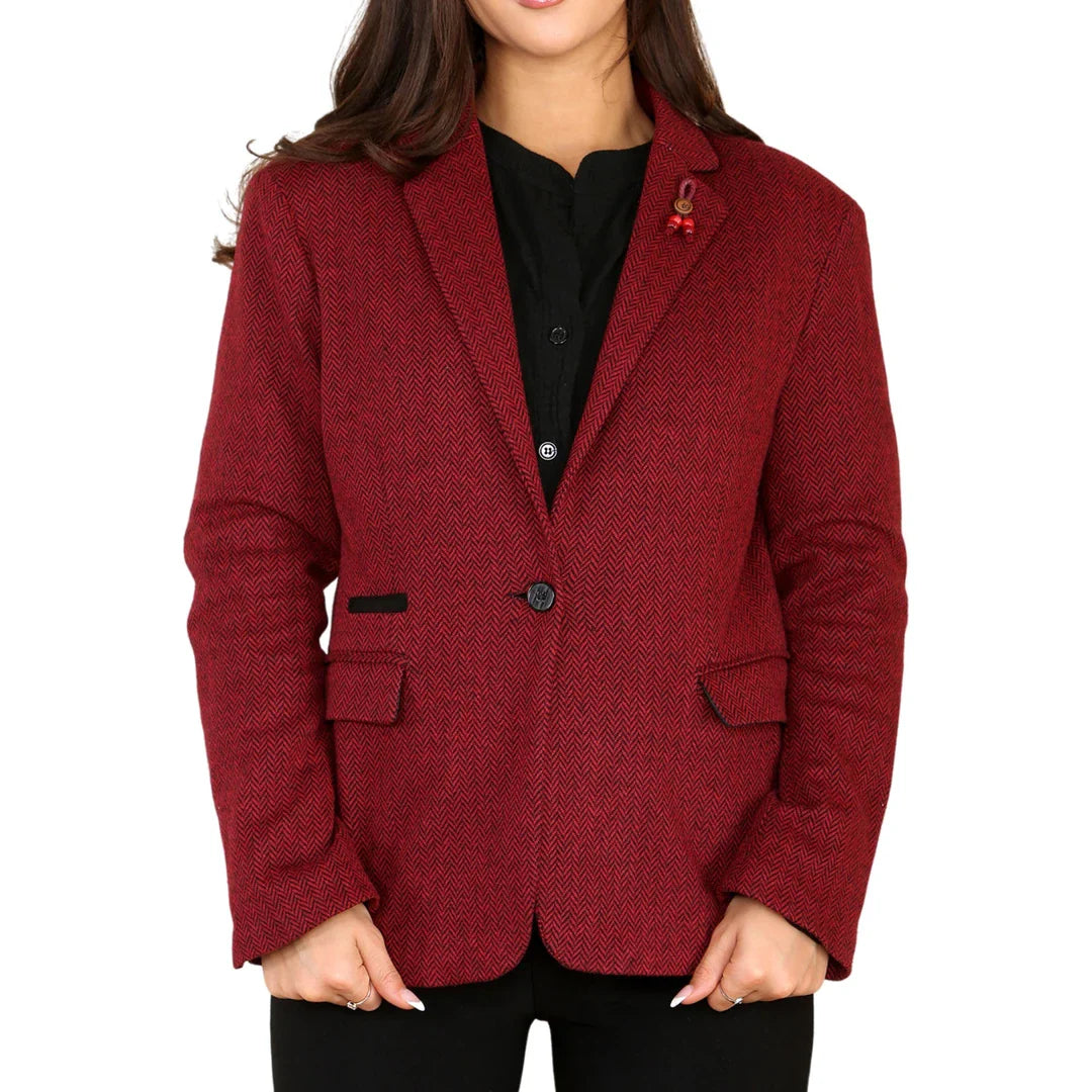 Women's Tweed Herringbone Blazer Jacket Wine Red Classic 1920s