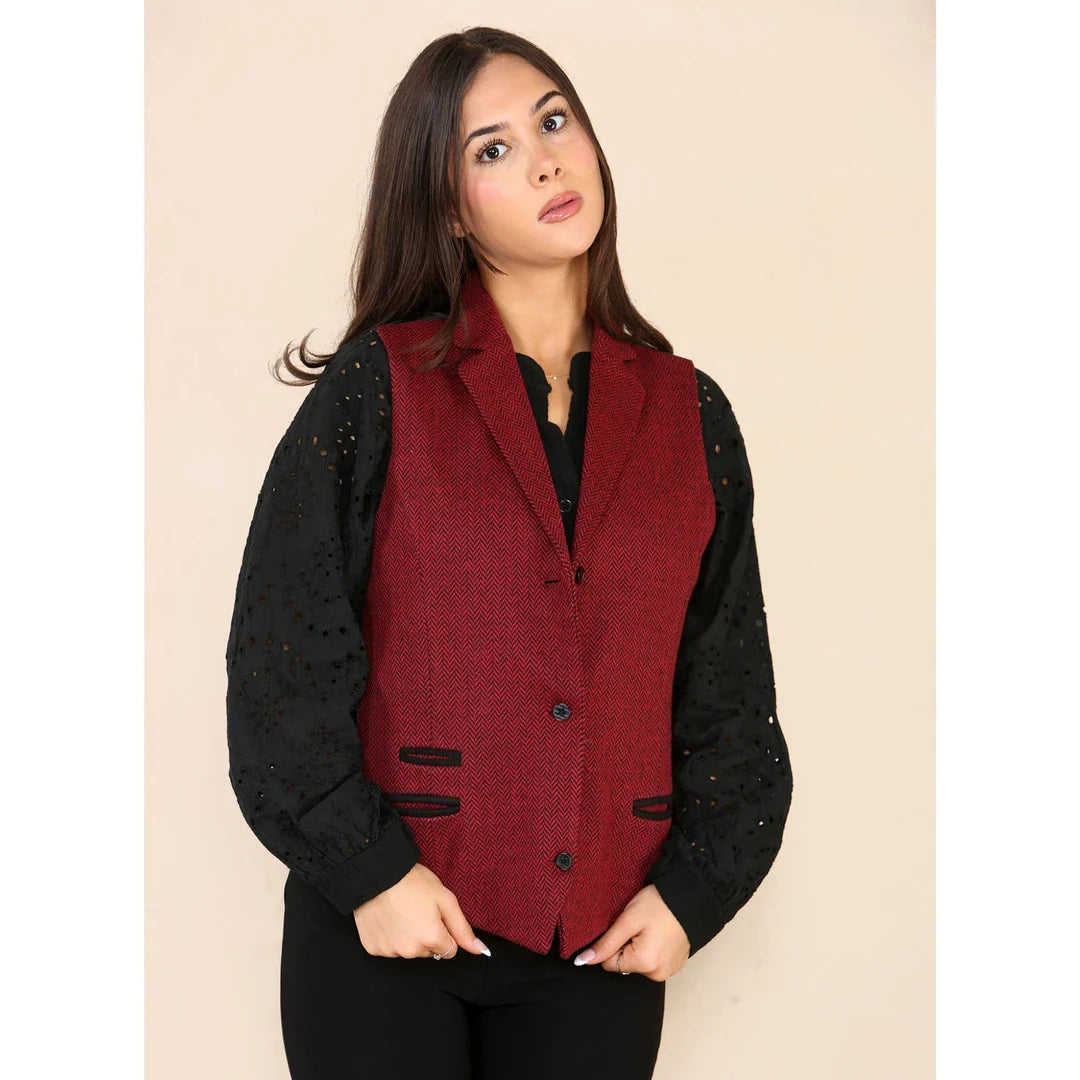 Women's Tweed Herringbone Waistcoat  Wine Red Classic 1920s