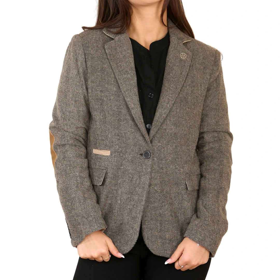 Women's Herringbone Tweed Blazer Oak Brown Classic Jacket