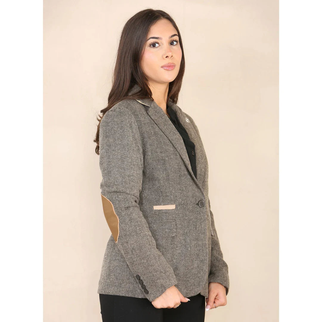 Women's Herringbone Tweed Blazer Oak Brown Classic Jacket