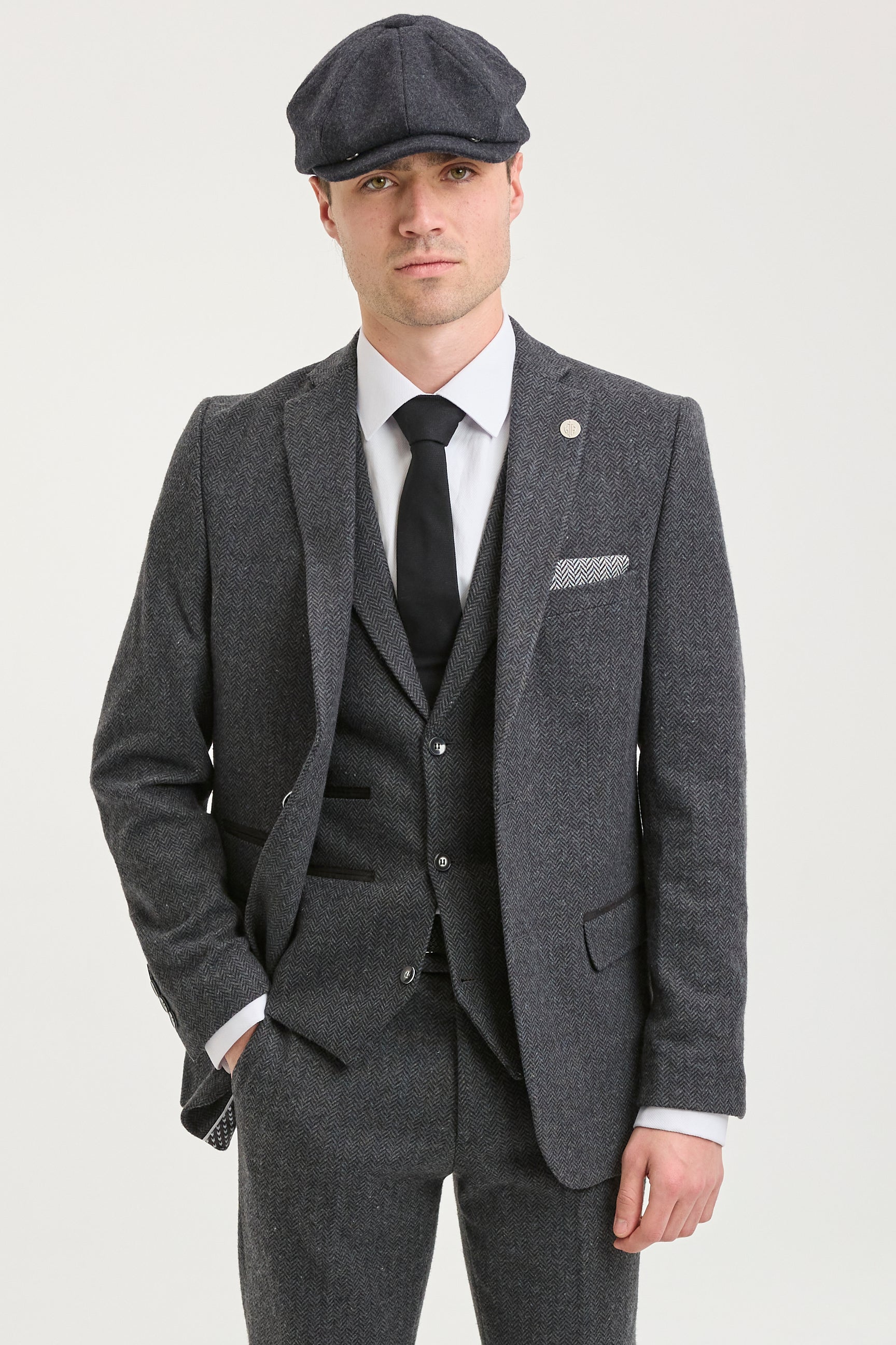Men's Charcoal Grey 3 Piece Tweed Herringbone Suit - STZ11: Buy