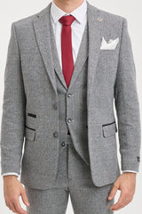 Men's Light Grey 3 Piece Tweed Herringbone Suit - STZ11