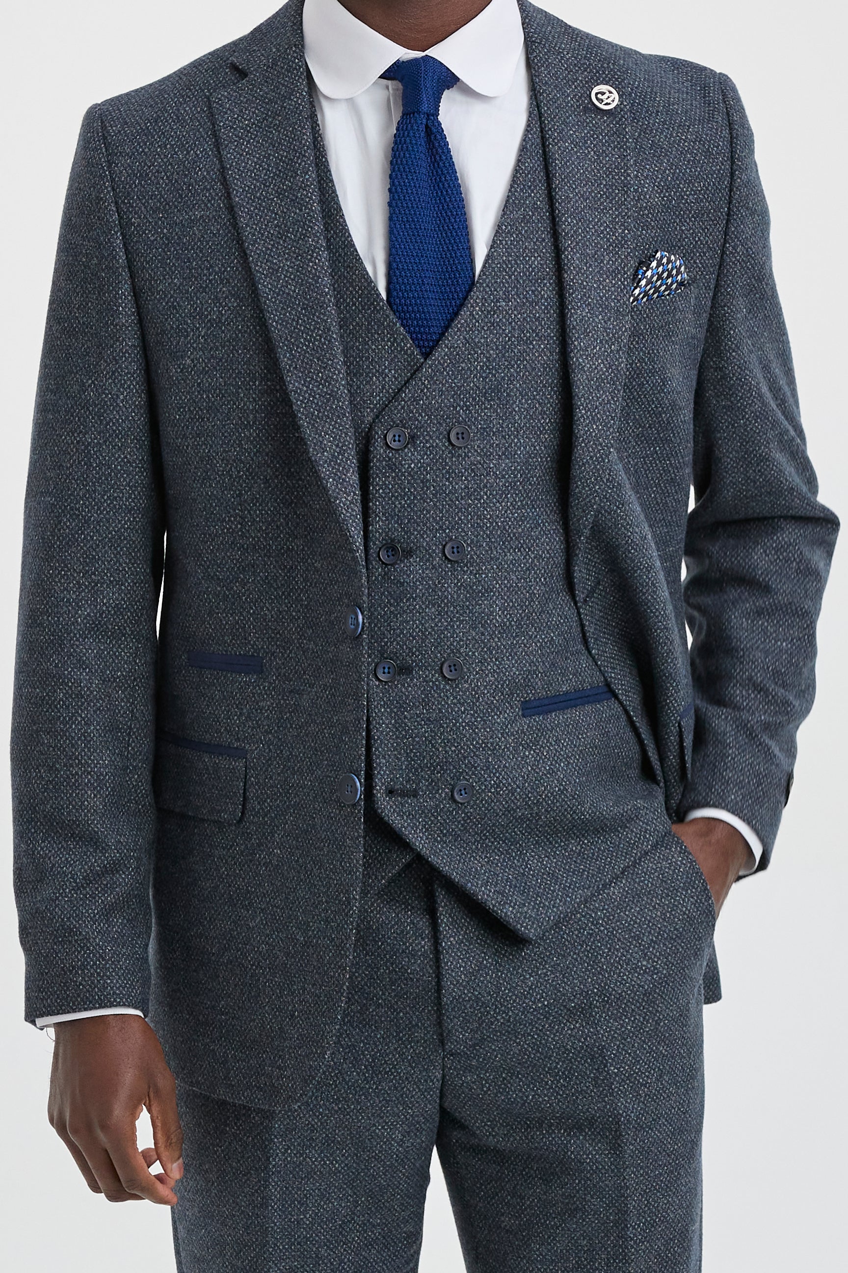 Mens 3 Piece Navy Suit with Double Breasted Waistcoat