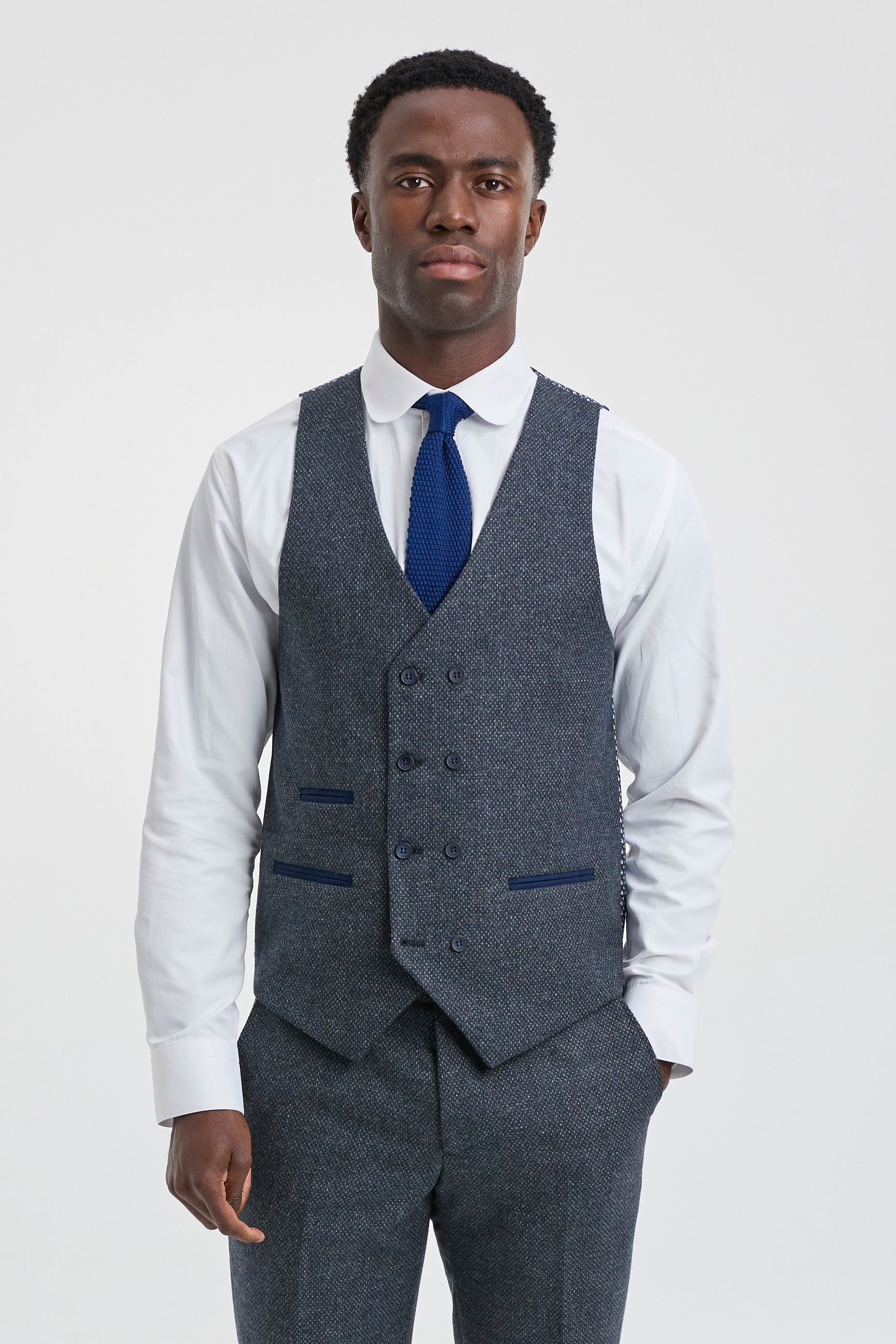 Mens 3 Piece Navy Suit with Double Breasted Waistcoat