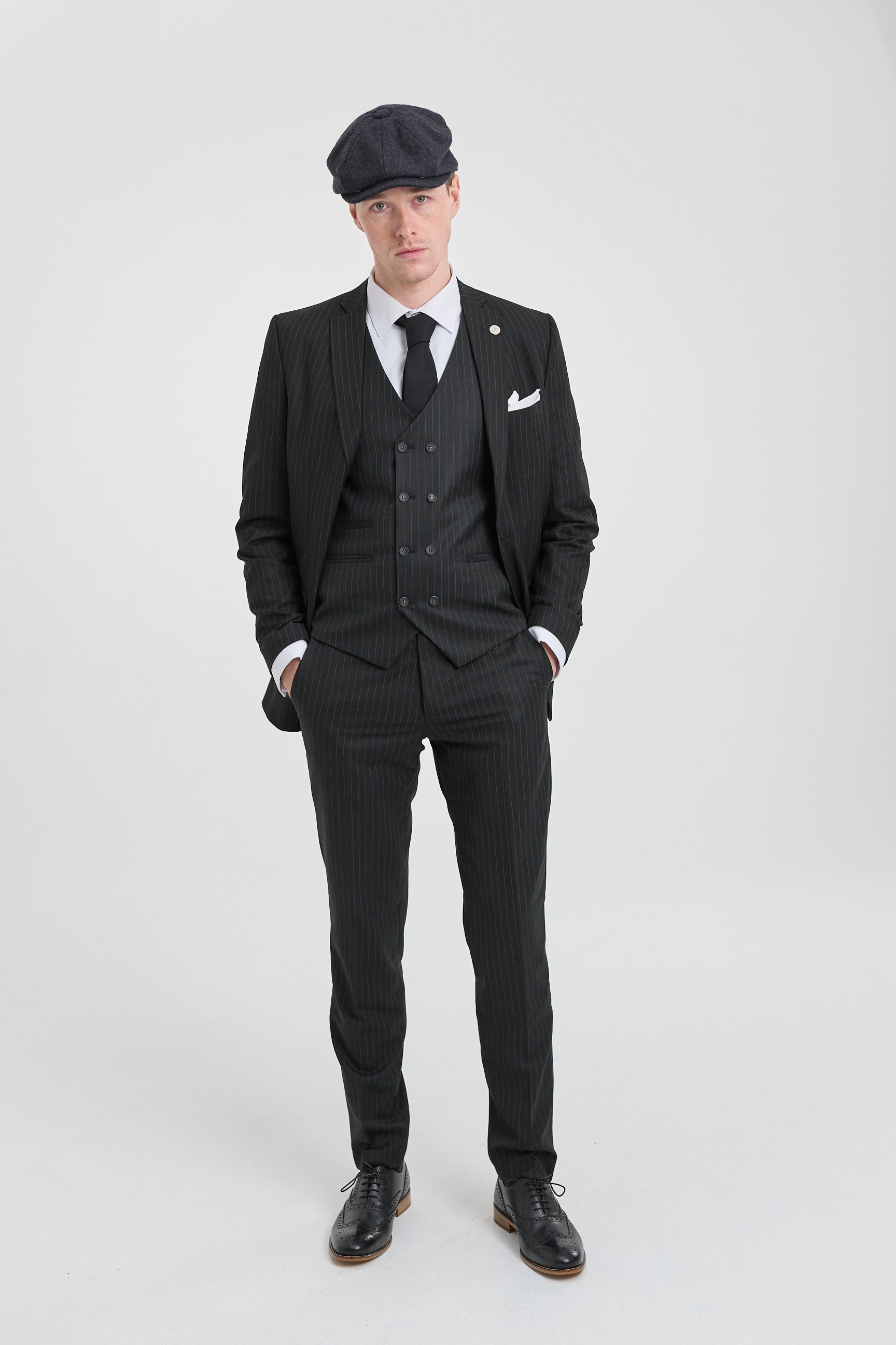 Mens Black 3 Piece Pinstripe Suit