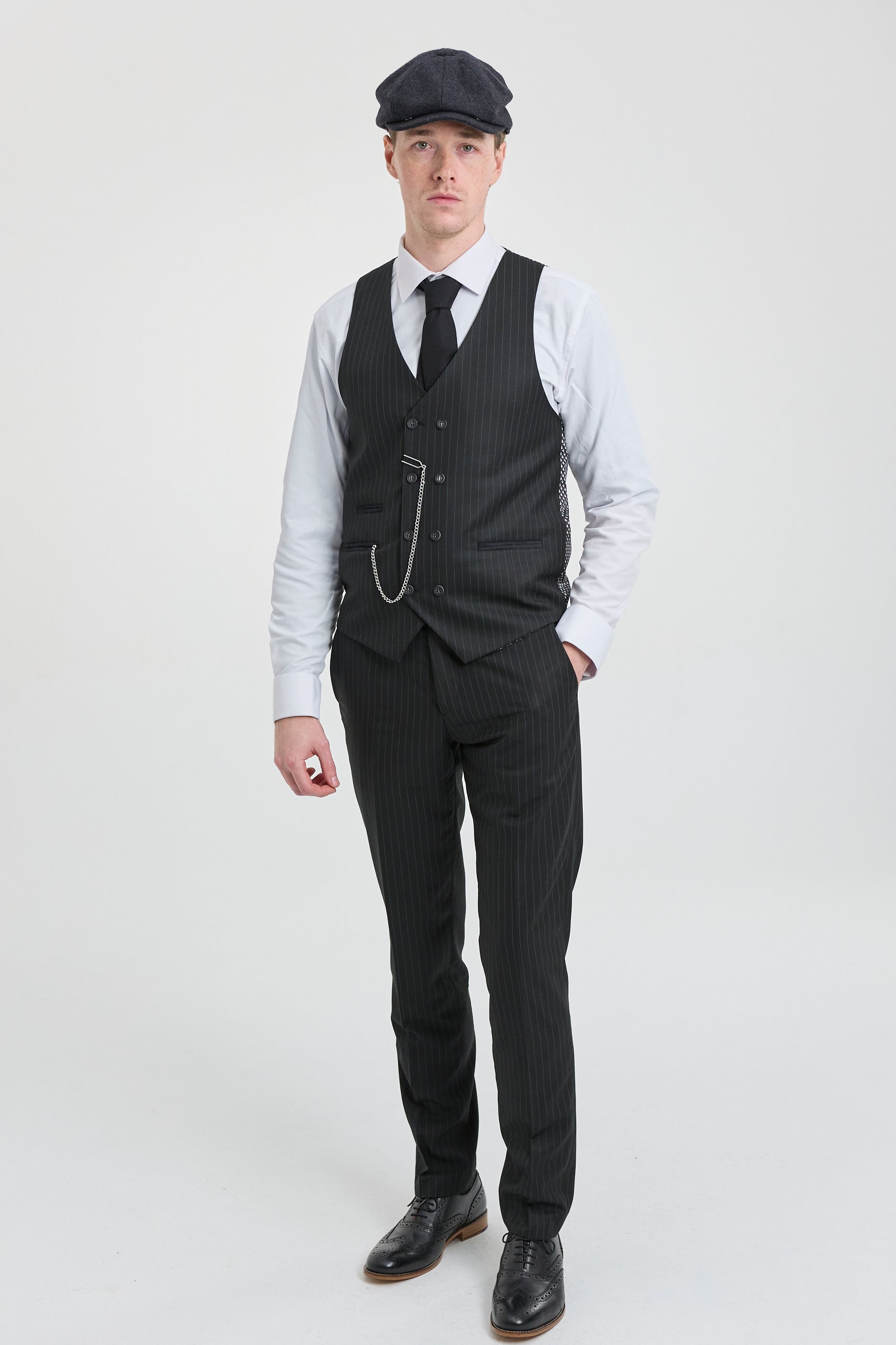 Mens  Black 3 Piece Pinstripe Suit