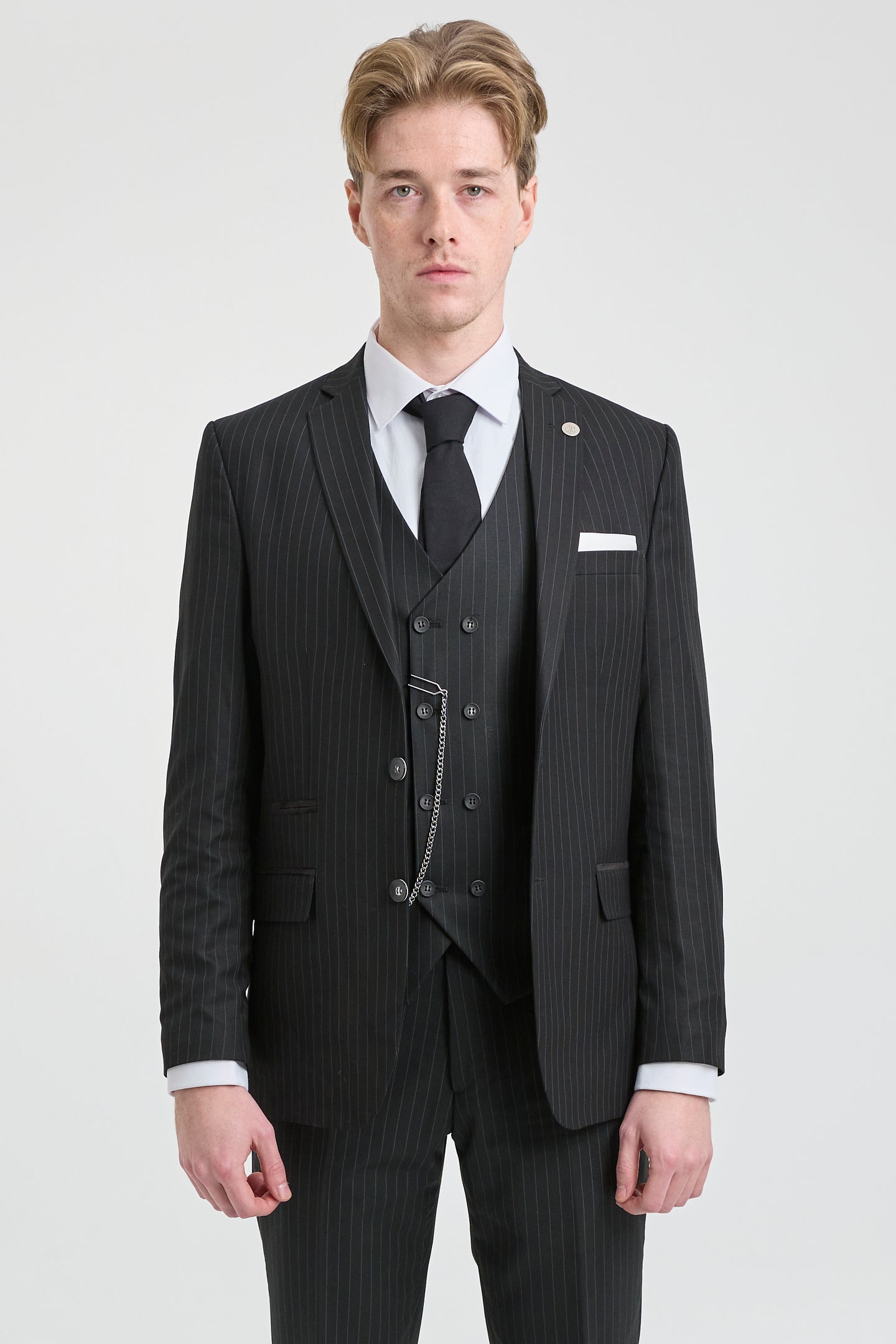 Mens  Black 3 Piece Pinstripe Suit