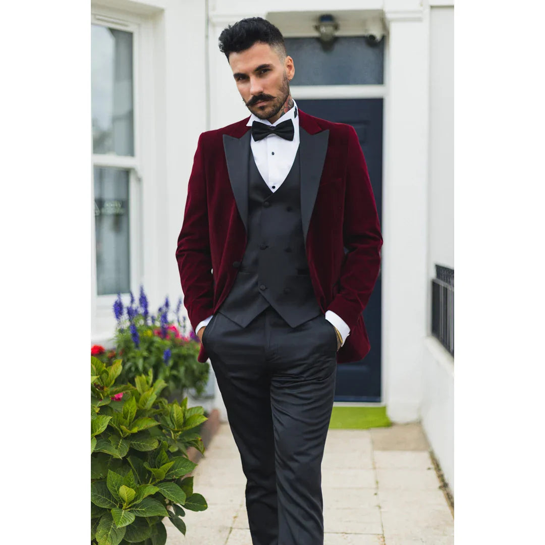 Dress Shirt Tuxedo With Red Bow Tie Men's Wine Velvet Tux Blazer Satin Lapels Dinner Wedding Prom Black Tie Dress Shirt Tuxedo With Red Bow Tie Men's Wine Velvet Tux Blazer Satin Lapels Dinner Wedding Prom Black Tie