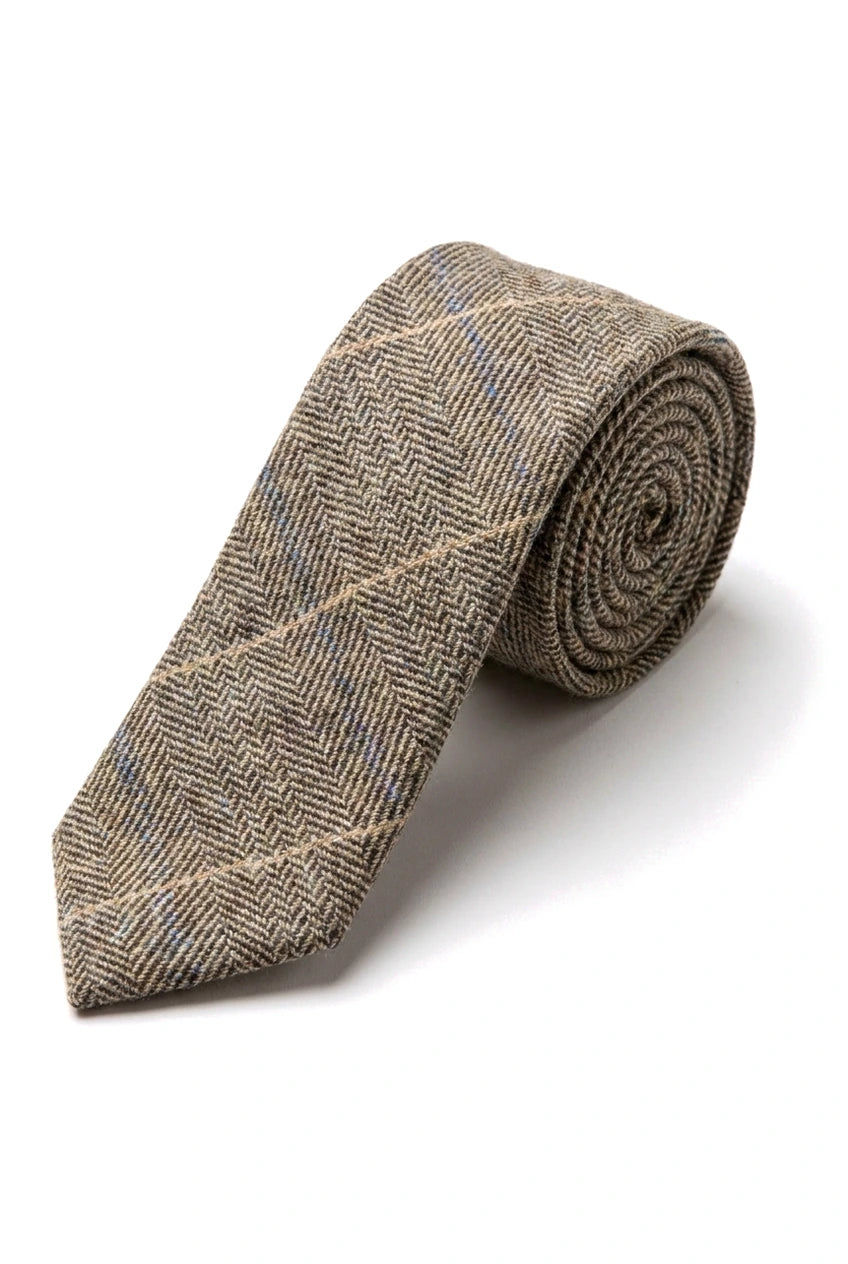 Tan-Brown Check Tweed Tie with Hankie and Tie Clip - Tan Brown