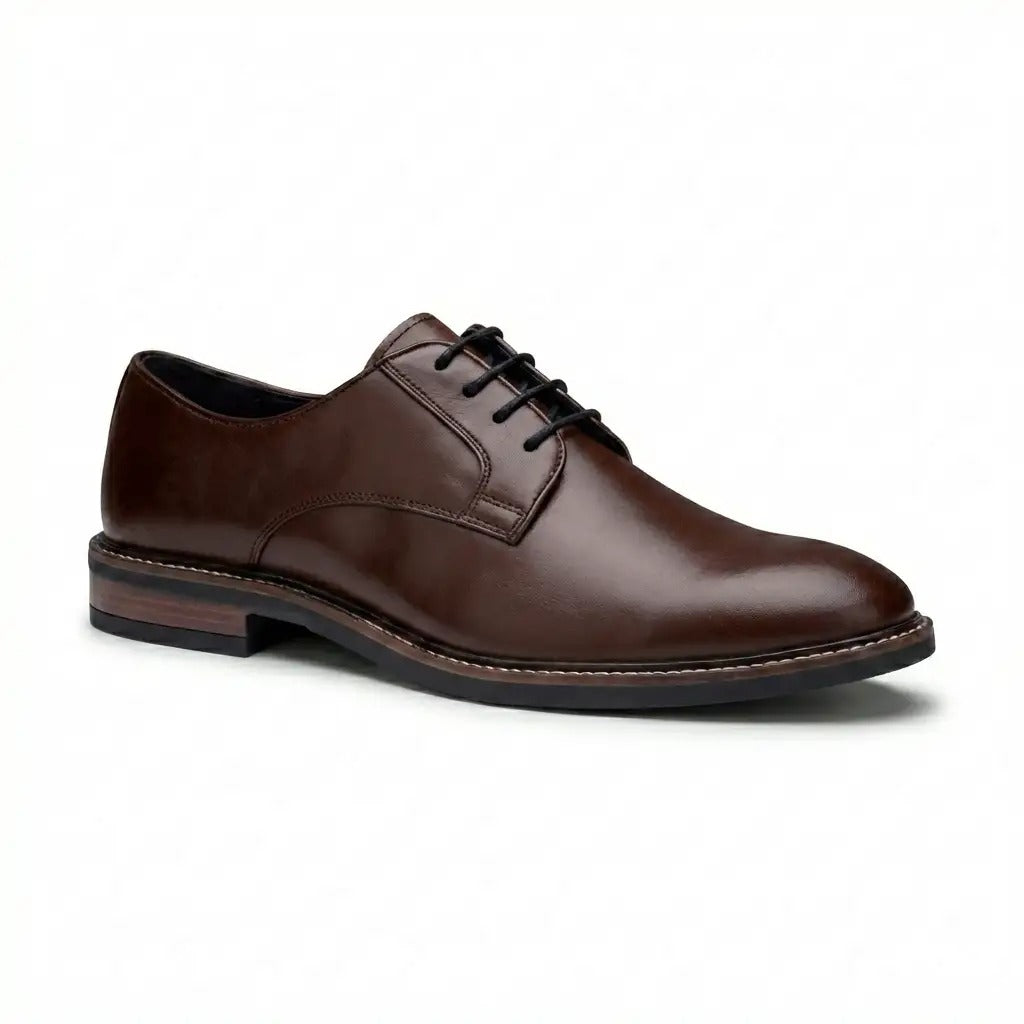 Tanner - Men's Brown Leather Plain Toe Derby Lace-Up Shoes