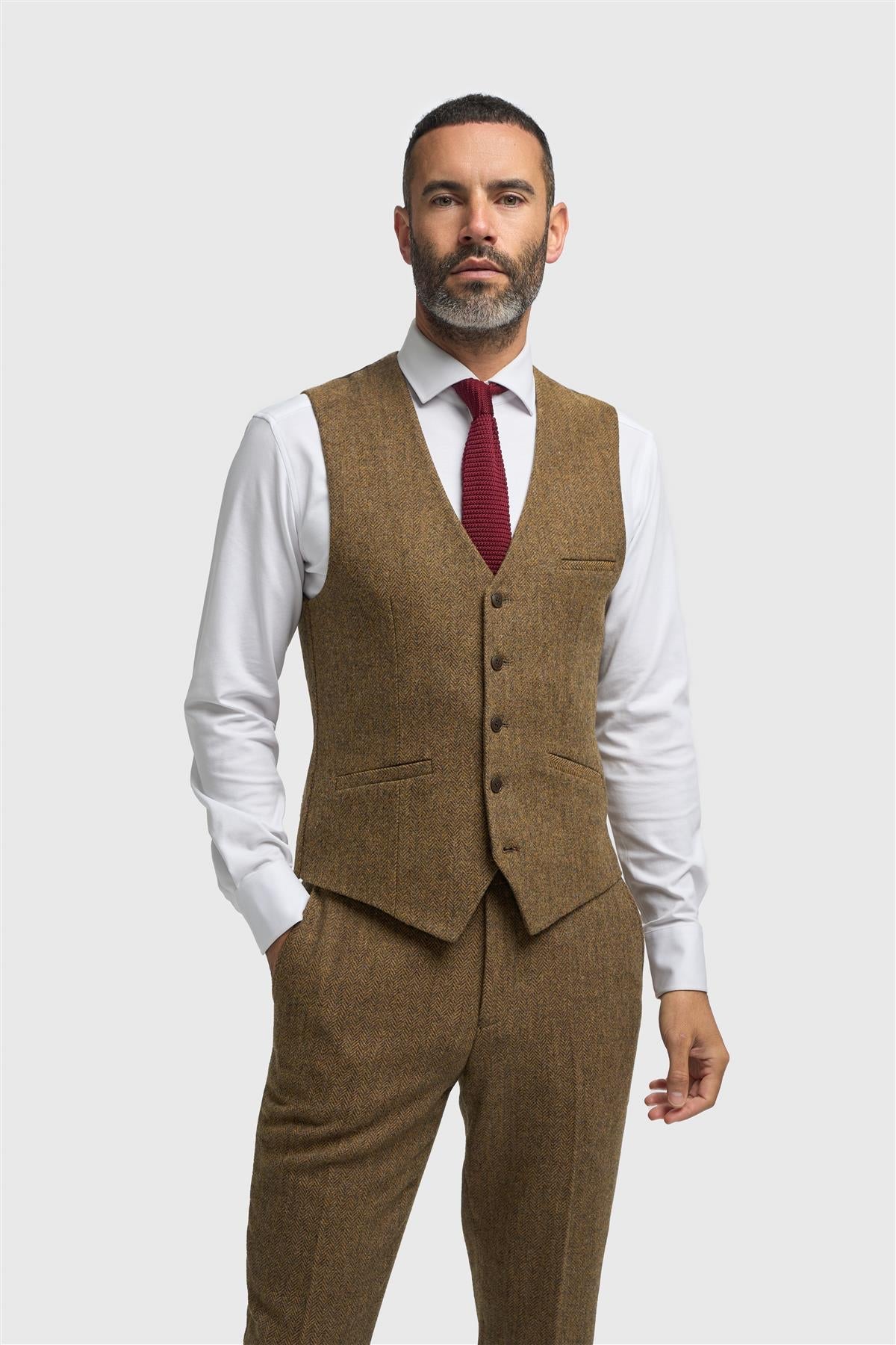 Thomas - Men's Brown Wool Blend Herringbone Tweed Waistcoat