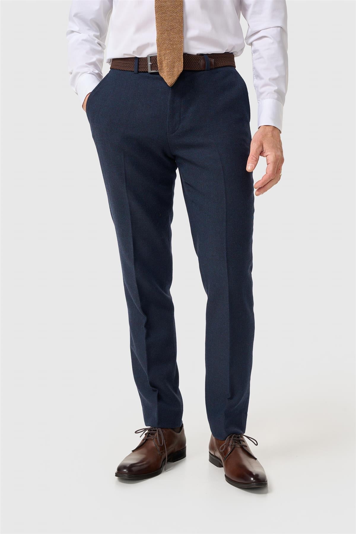 Thomas - Men's Navy Wool Blend Herringbone Tweed Trousers