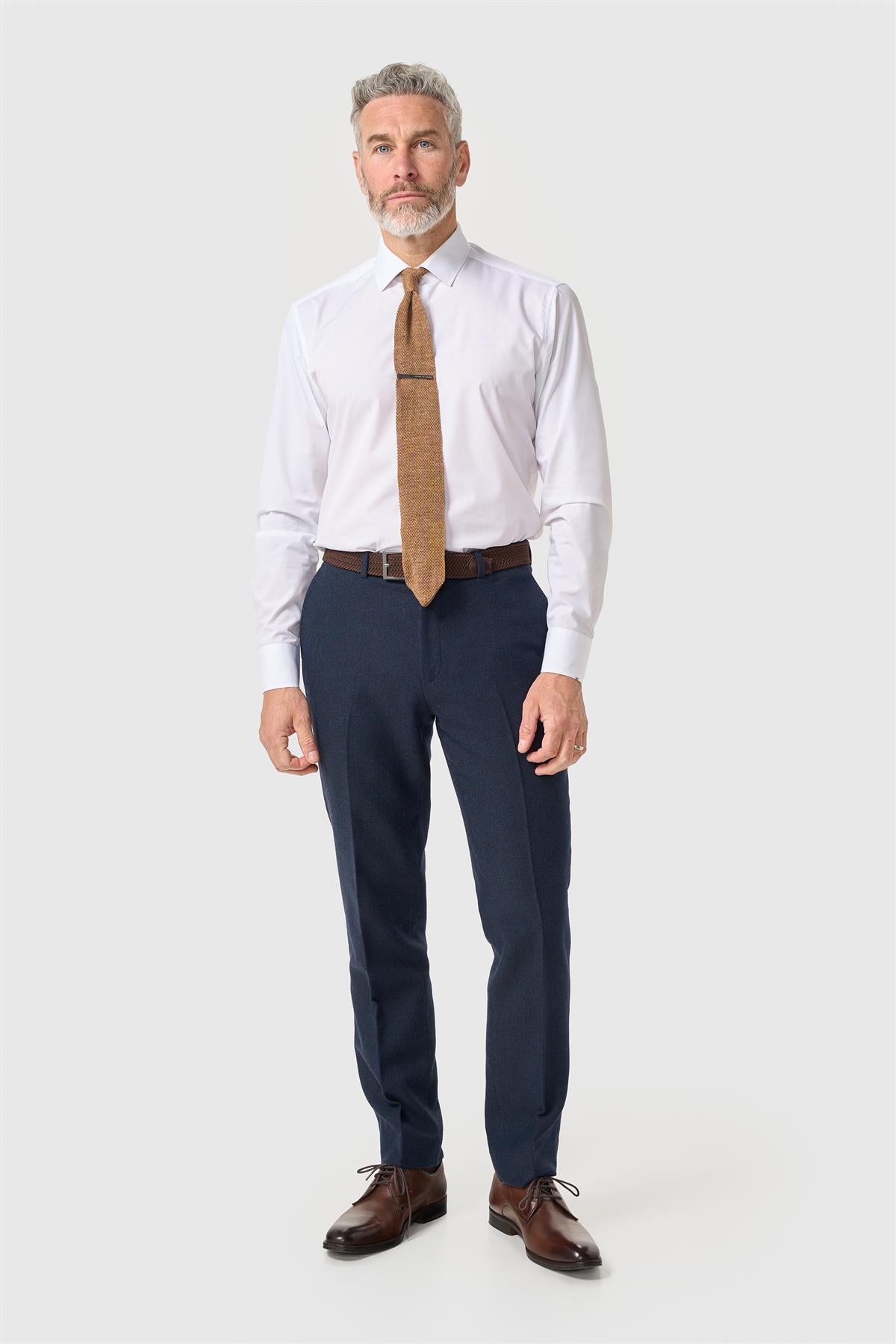 Thomas - Men's Navy Wool Blend Herringbone Tweed Trousers