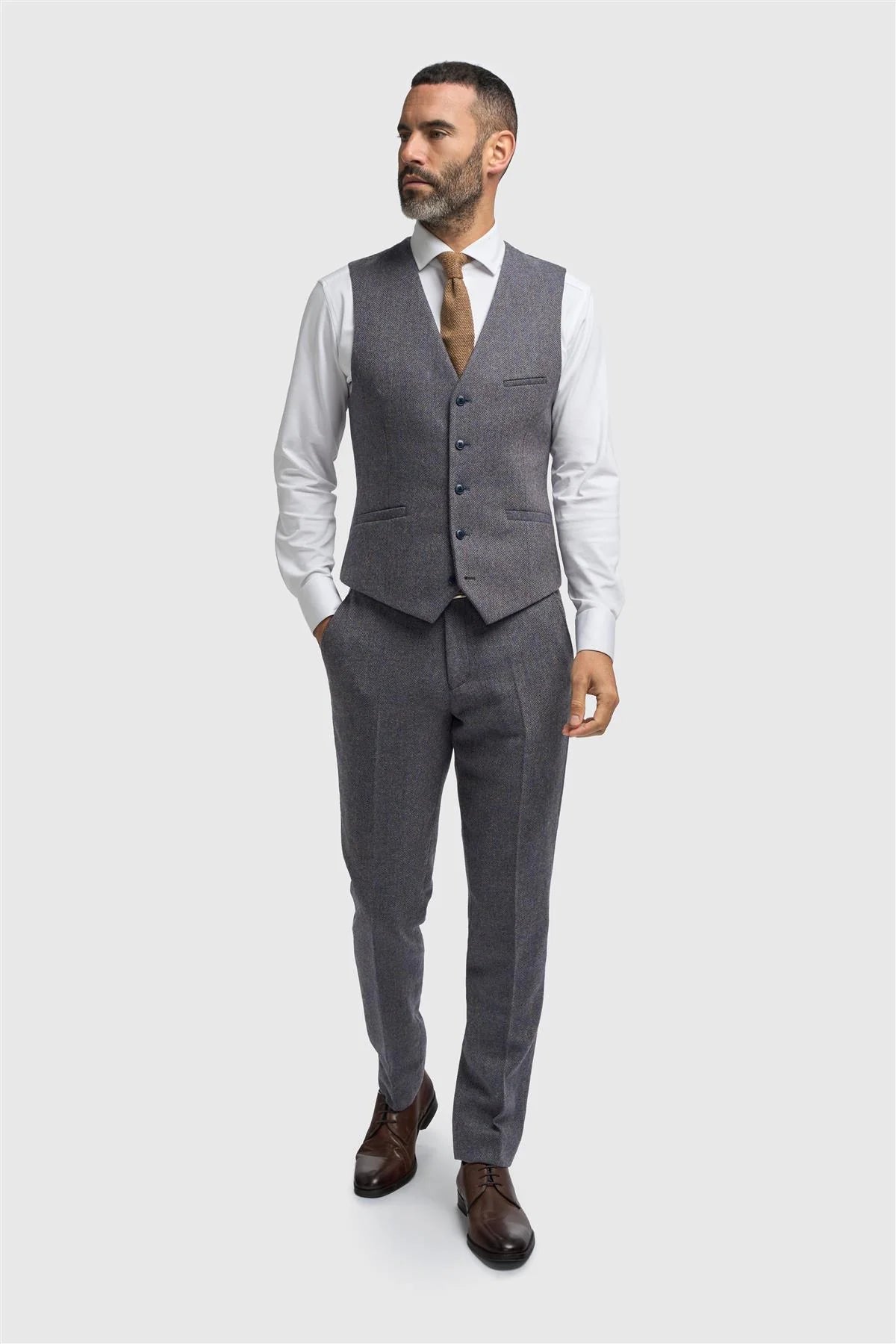 Thomas - Men's Navy Wool Blend Herringbone Tweed Waistcoat