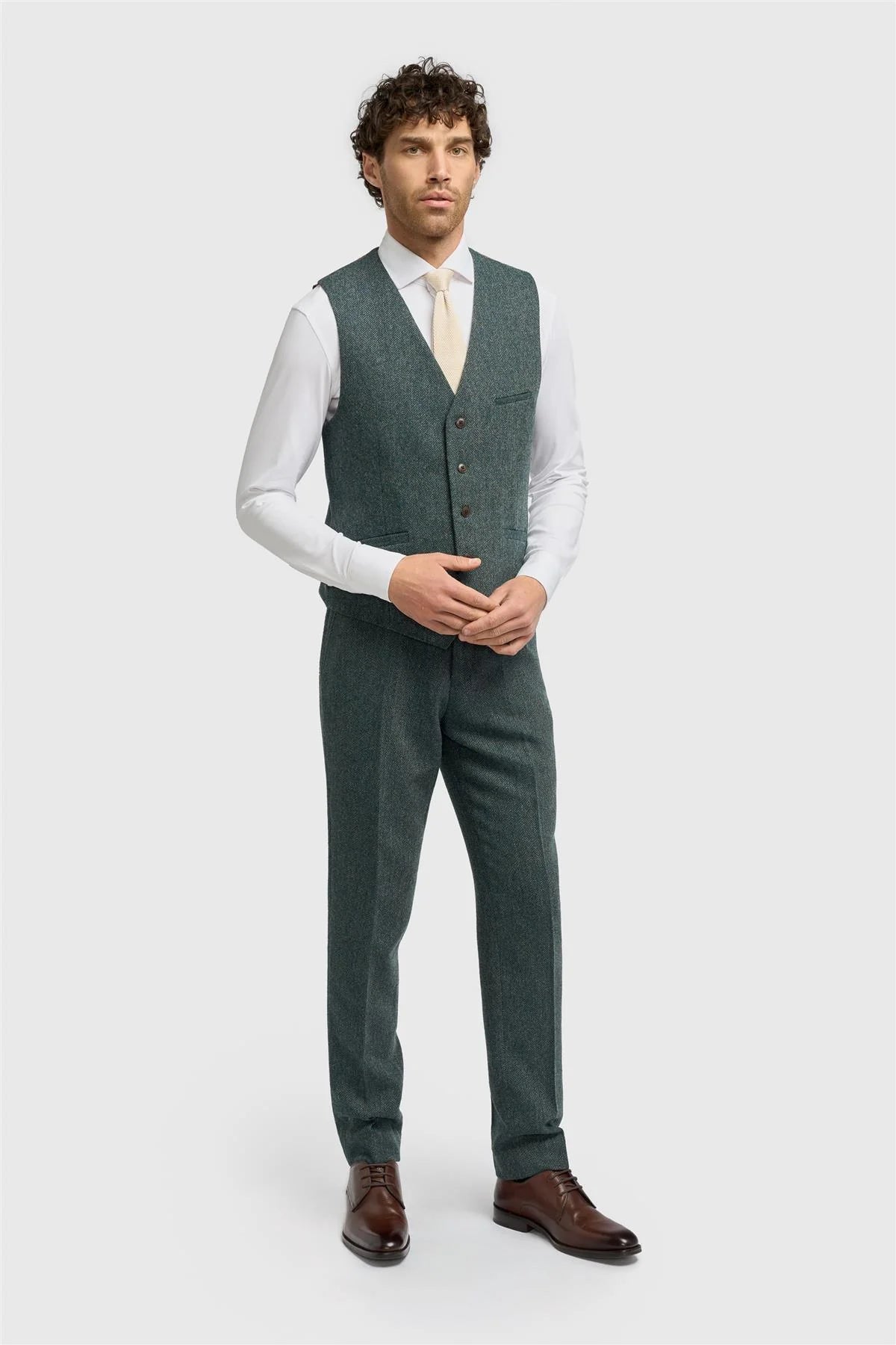 Thomas - Men's Olive Wool Blend Herringbone Tweed Waistcoat