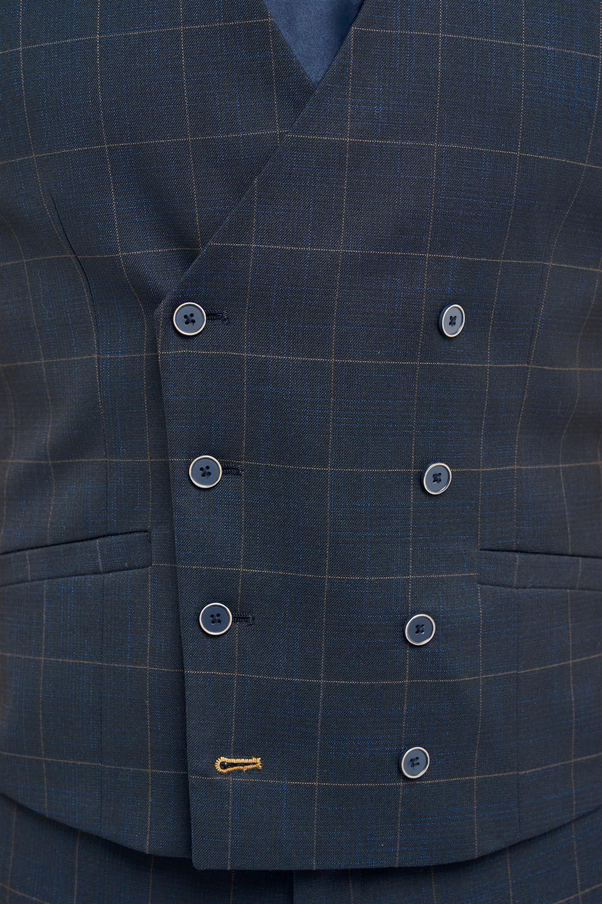 Torino - Men's Navy Check Double Breasted Waistcoat