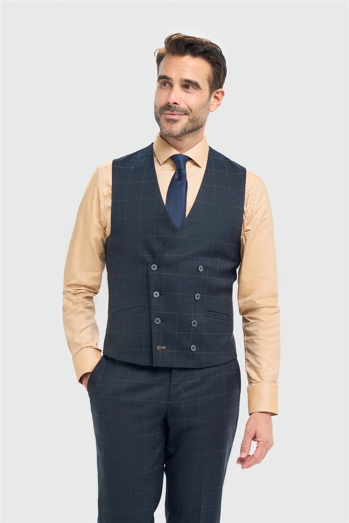 Torino - Men's Navy Check Double Breasted Waistcoat