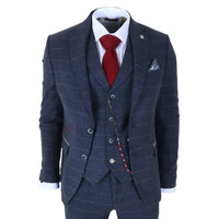 TP-32 - Gatsby Style Navy Blue 3 Piece Wool Blend Tweed Suit for Men