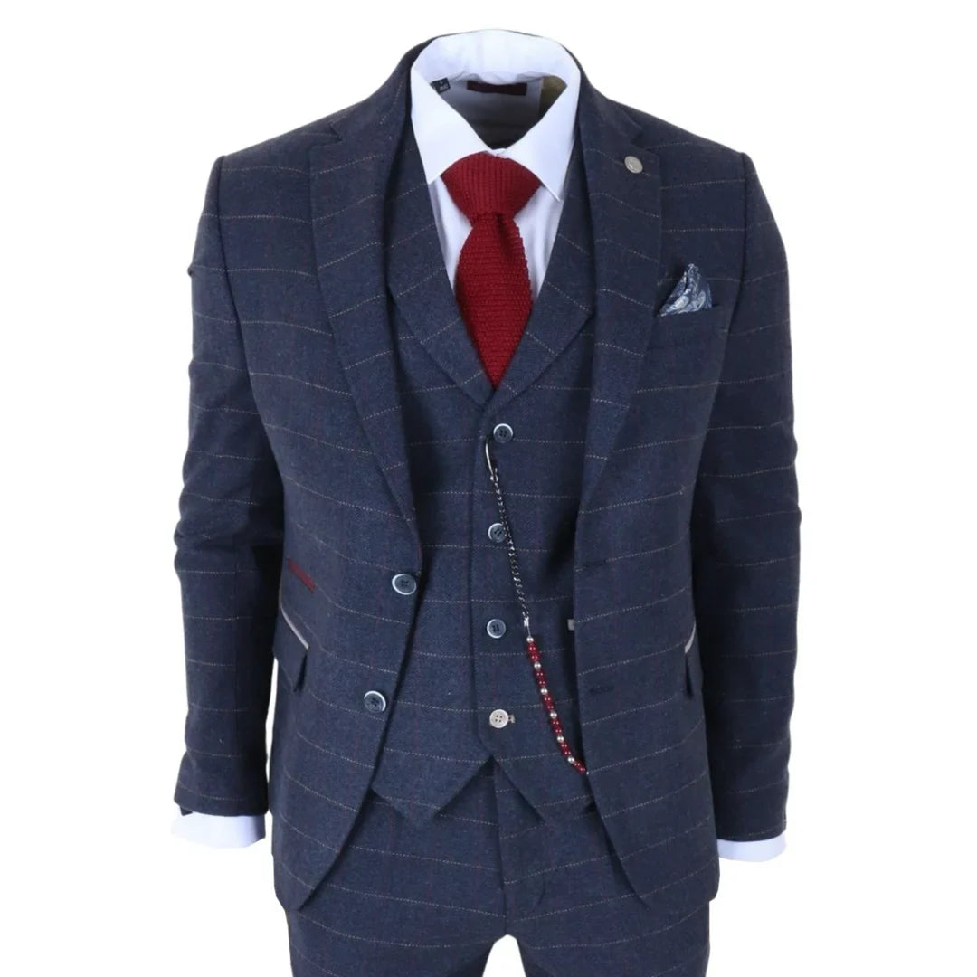 TP-32 - Gatsby Style Navy Blue 3 Piece Wool Blend Tweed Suit for Men