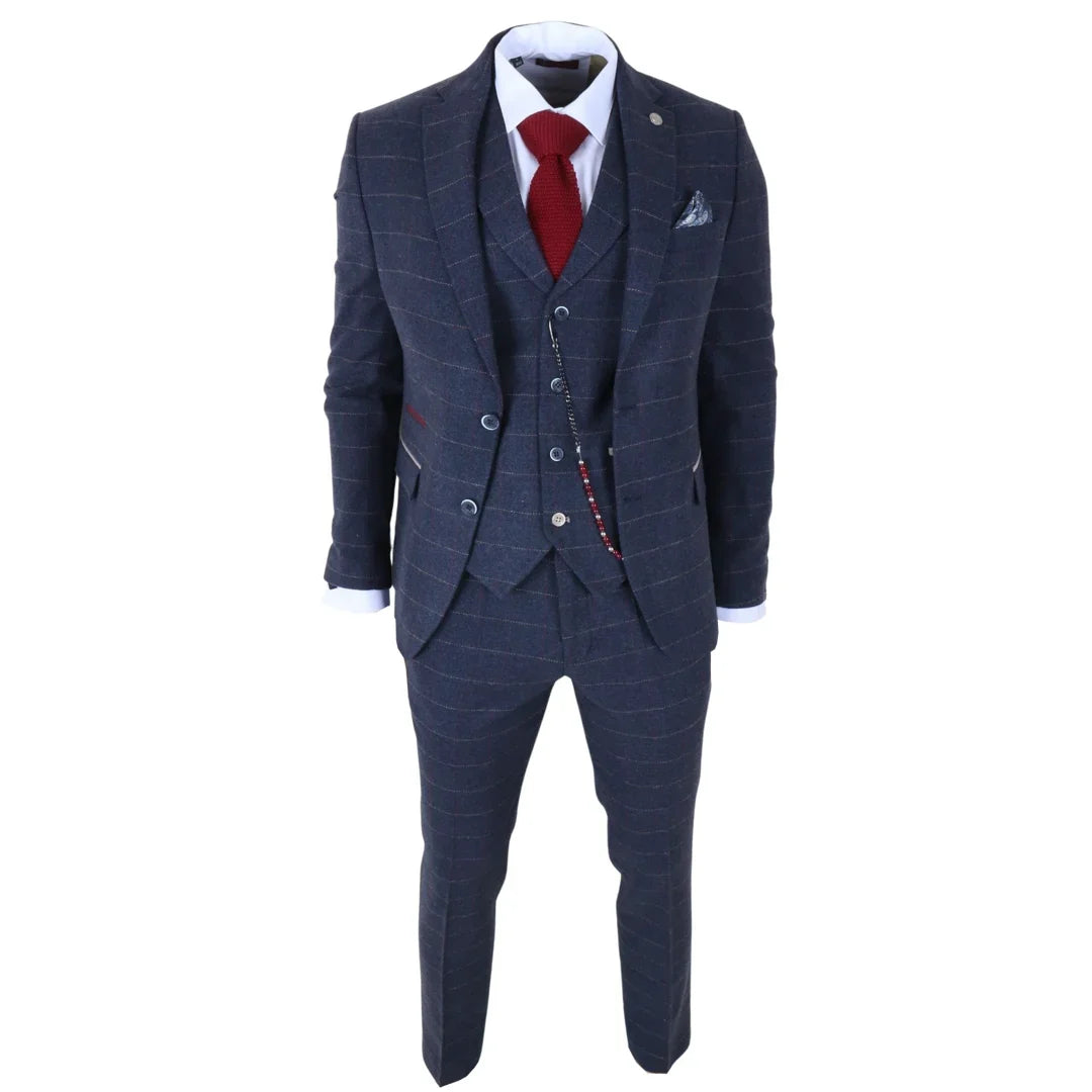 TP-32 - Gatsby Style Navy Blue 3 Piece Wool Blend Tweed Suit for Men