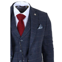 TP-32 - Gatsby Style Navy Blue 3 Piece Wool Blend Tweed Suit for Men