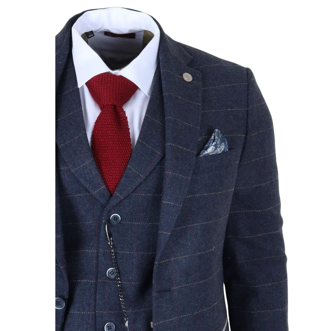 TP-32 - Gatsby Style Navy Blue 3 Piece Wool Blend Tweed Suit for Men