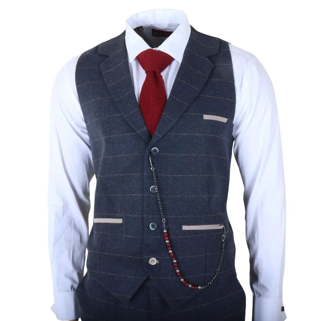 TP-32 - Gatsby Style Navy Blue 3 Piece Wool Blend Tweed Suit for Men