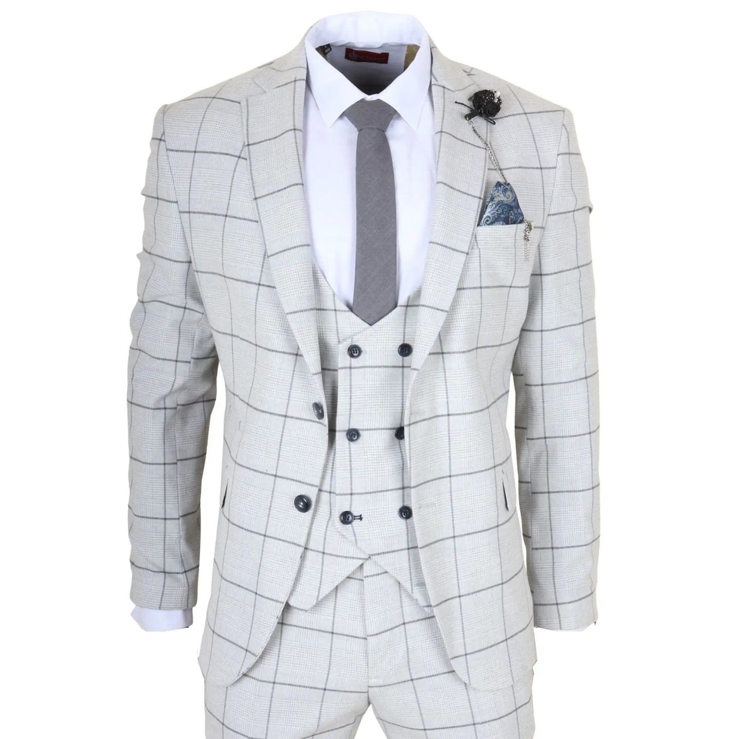 TP-33 - Men's 3 Piece Tailored Fit Grey Plaid Check Suit