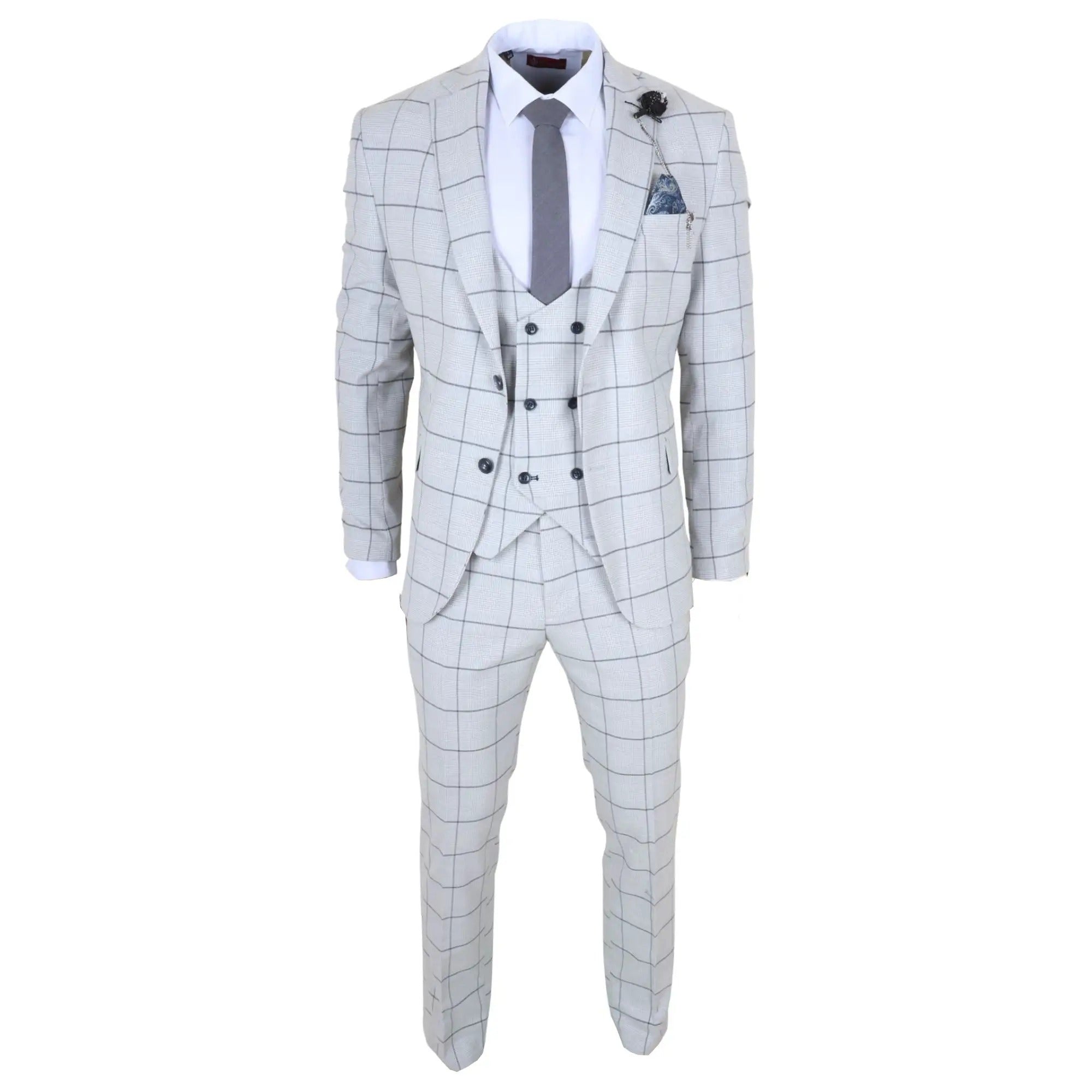 TP-33 - Men's 3 Piece Tailored Fit Grey Plaid Check Suit