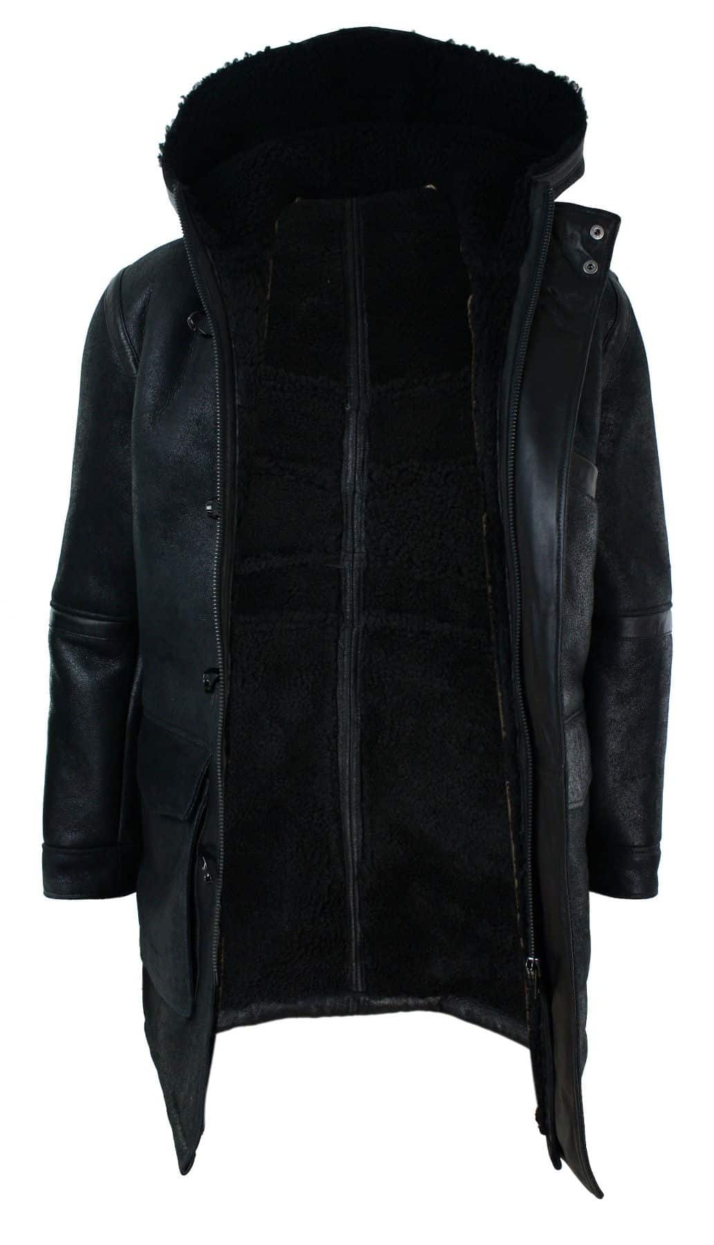 Mens Real Shearling Sheepskin 3/4 Hood Duffle Jacket Black Fur