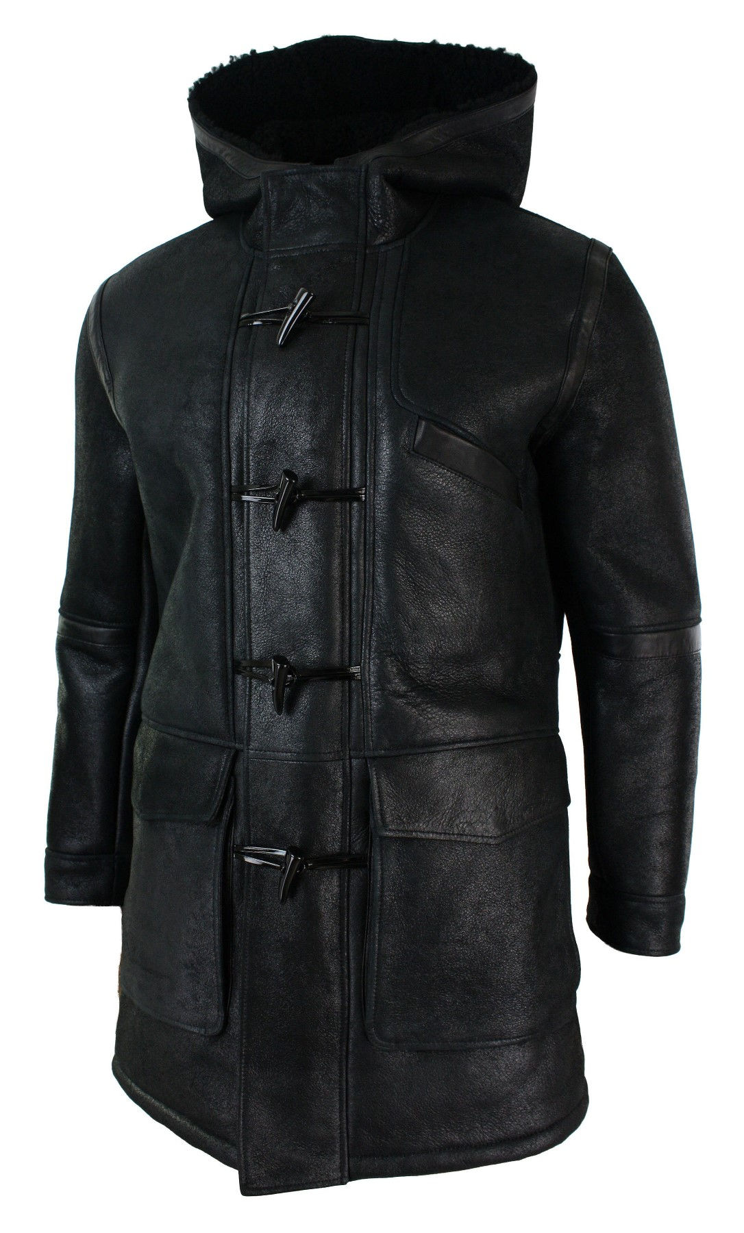 Mens Real Shearling Sheepskin 3/4 Hood Duffle Jacket Black Fur