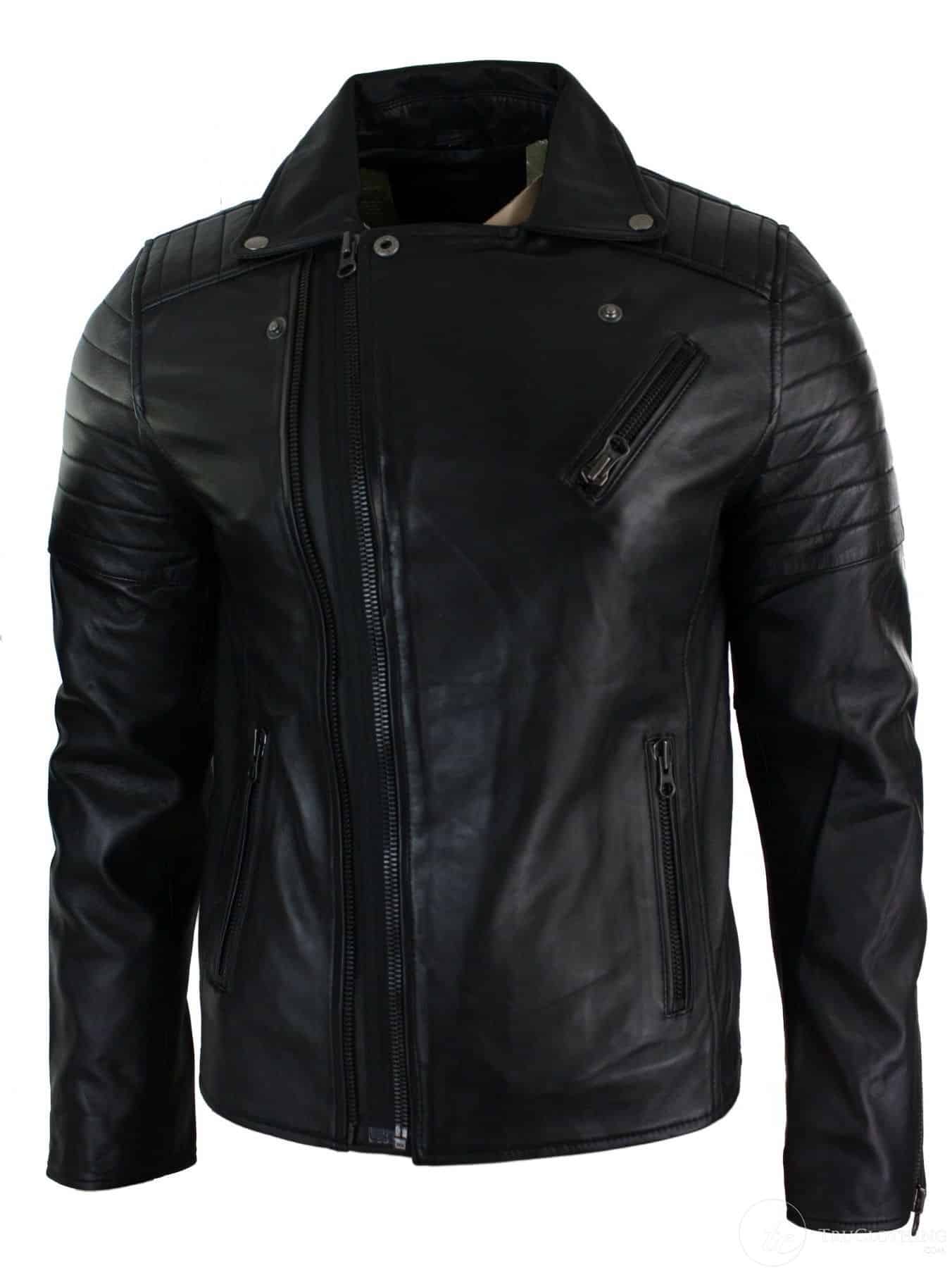 Real Leather Slim Fit Cross Zip Retro Vintage Brando Mens Jacket