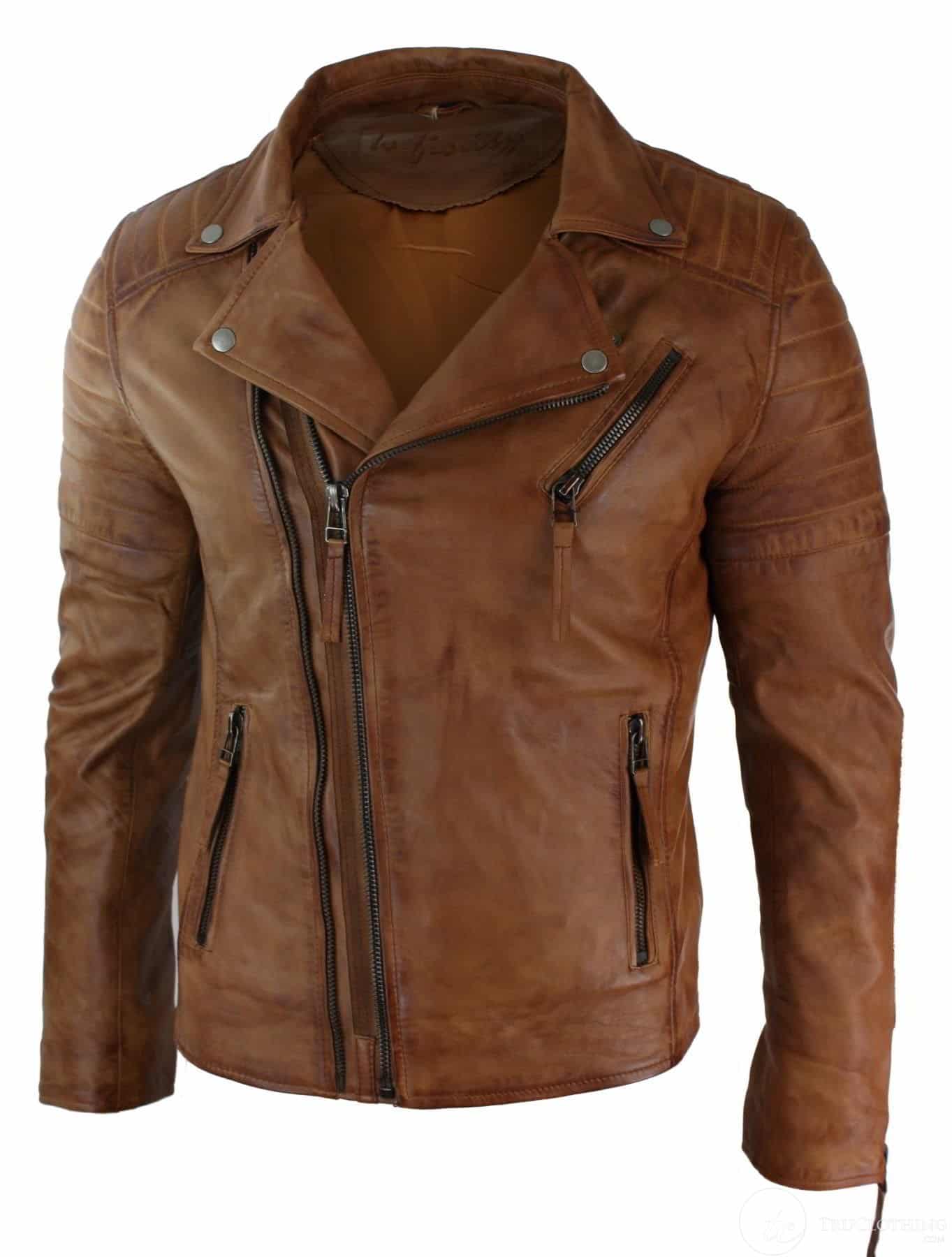 Real Leather Slim Fit Cross Zip Mens Retro Vintage Brando Jacket