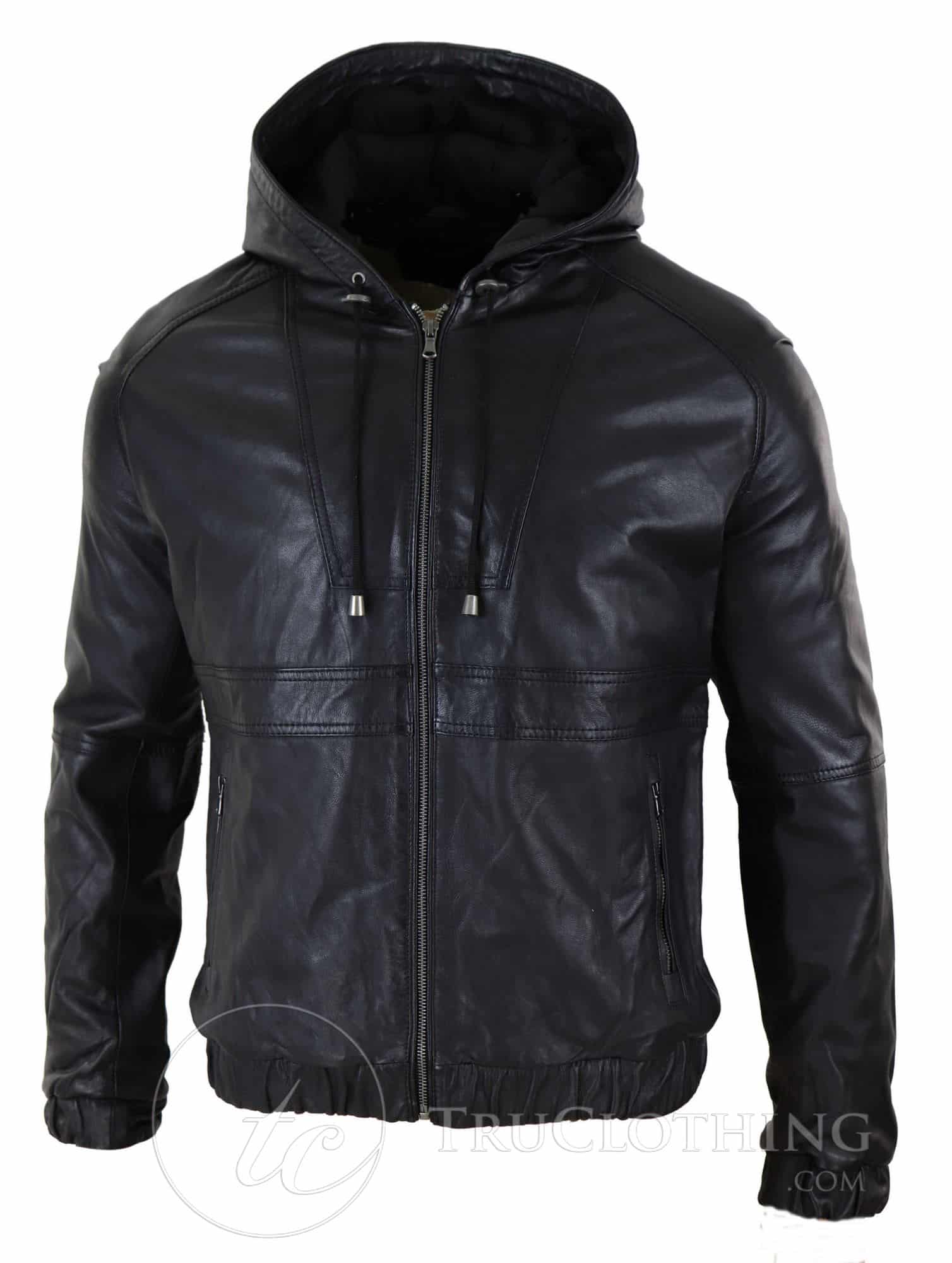 Mens Real Leather Bomber Hood Jacket - Black: Buy Online - Happy