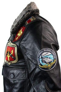 Mens Real Leather US Aviator Air Force Pilot Flying Bomber Jacket Black Fur Collar-Black