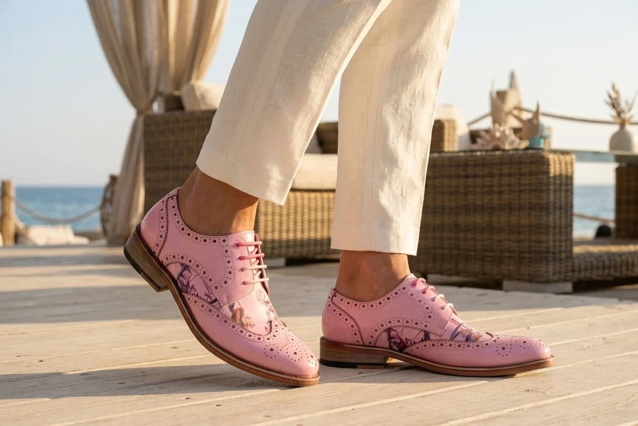 Wolf - Men's Pink Floral Wingtip Brogues Dress Shoes