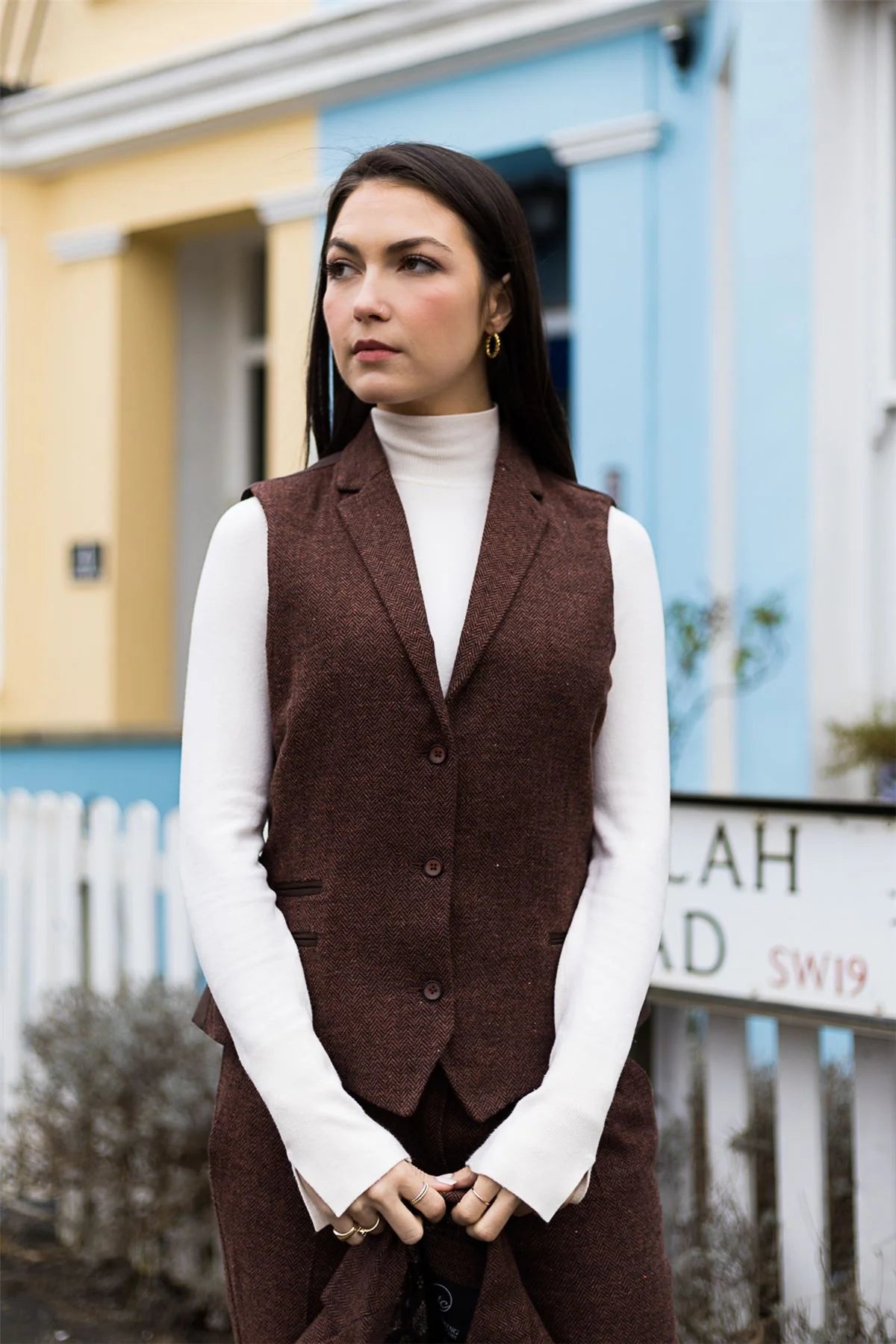 WS-12 - Women's Tweed Suit Waistcoat Herringbone Wool Rust Brown