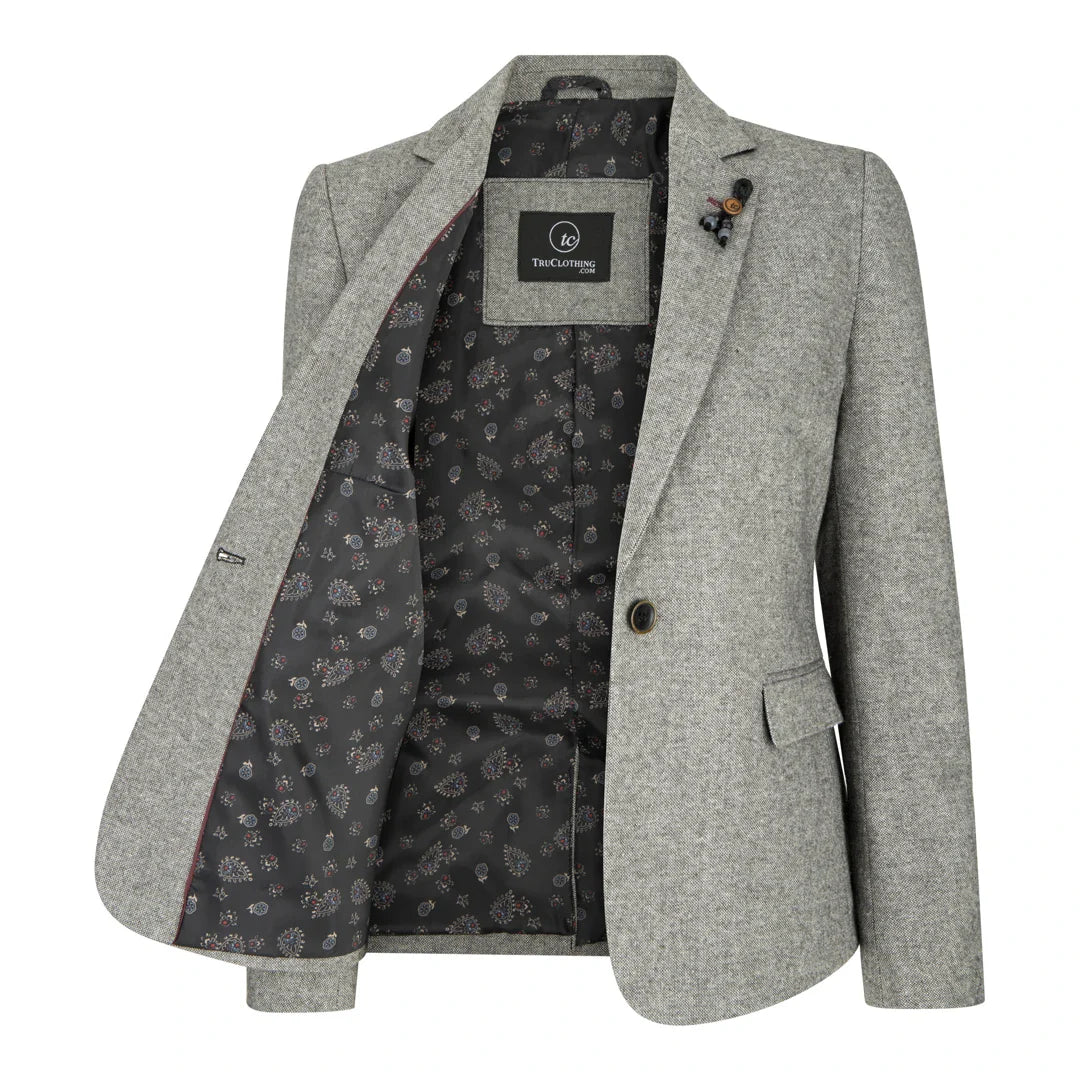 wsn03 - Women's Tweed Grey Blazer Jacket Elow Patch Peaky 1920s