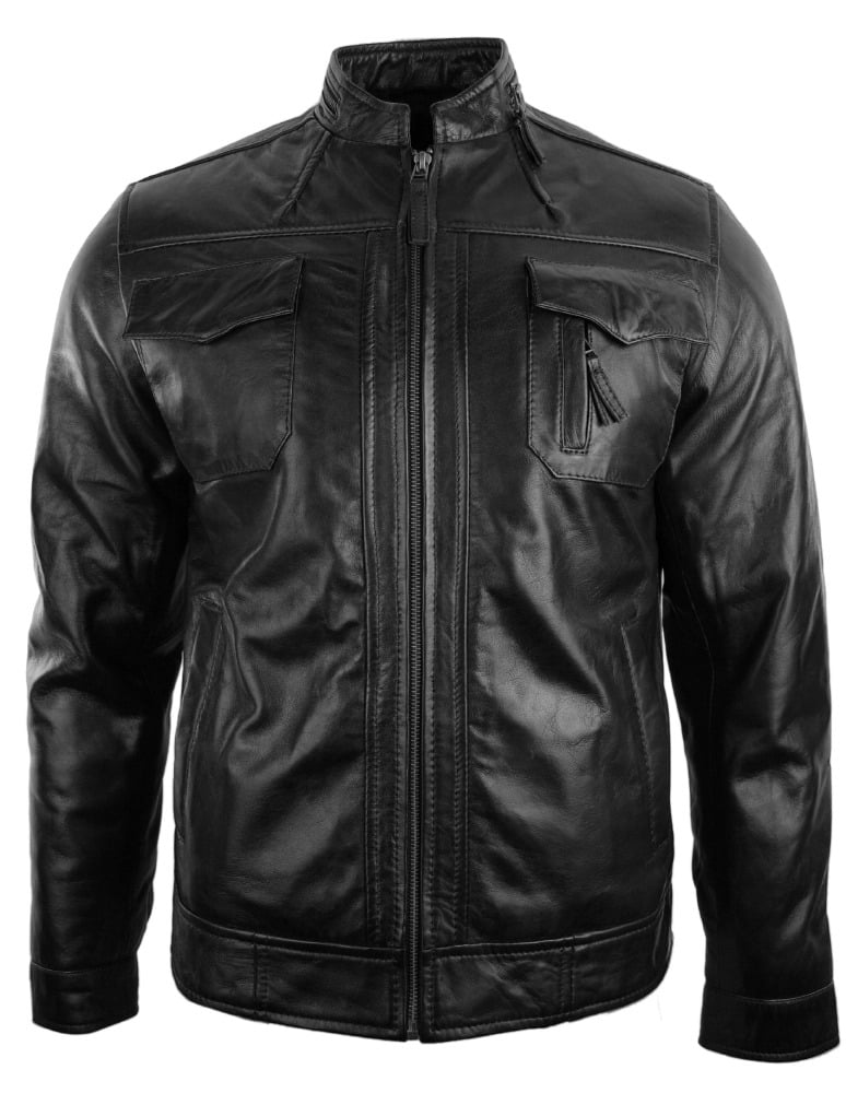 Real Leather Jacket Biker Style Vintage Black Zipped Design Casual ...