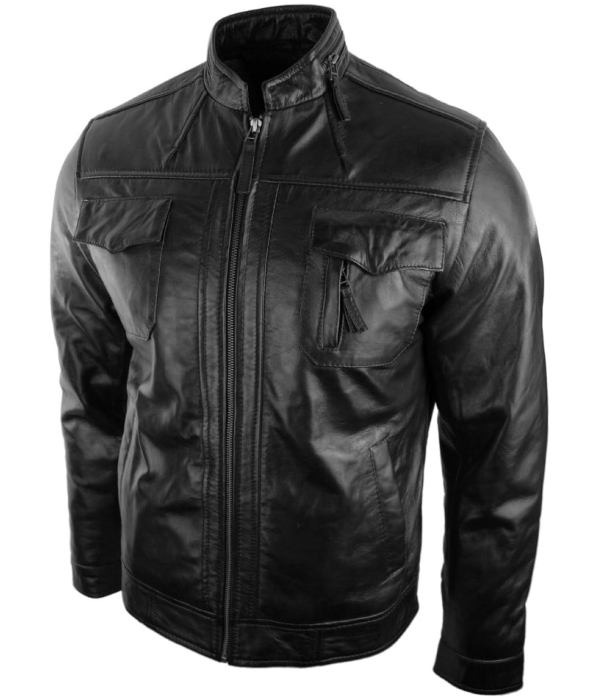 Real Leather Jacket Biker Style Vintage Black Zipped Design Casual Fitted for Men