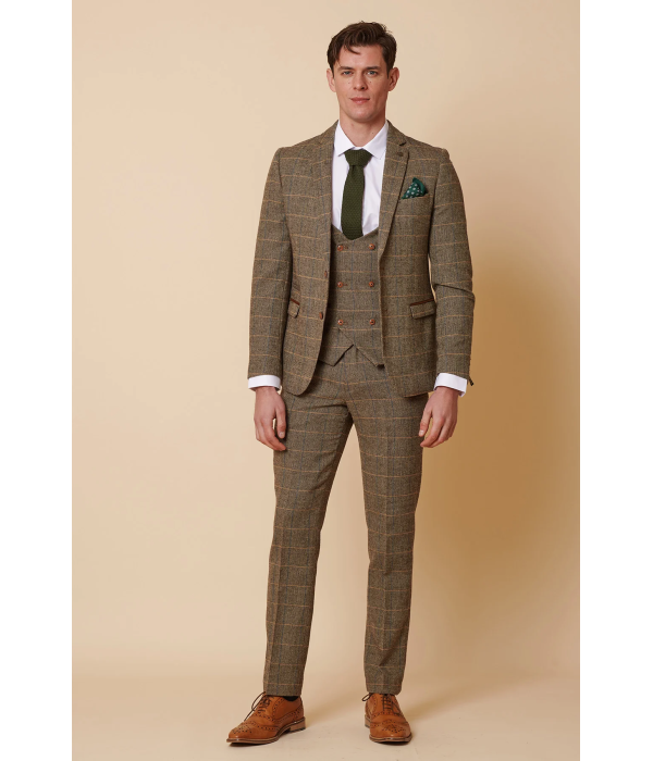 Mens 3 Piece Herringbone Tweed Tan Brown Check Suit Tailored Fit Double Classic