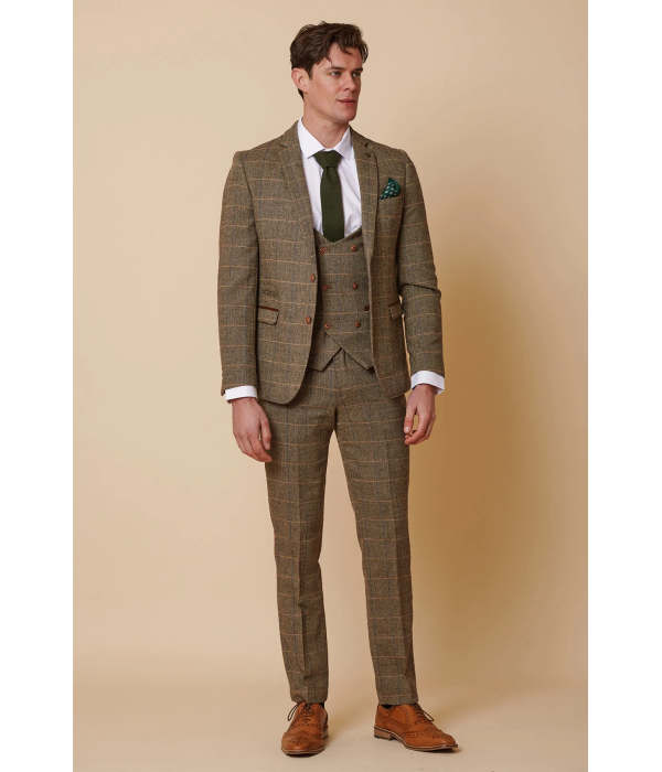 Mens 3 Piece Herringbone Tweed Tan Brown Check Suit Tailored Fit Double Classic
