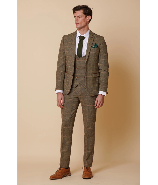 Mens 3 Piece Herringbone Tweed Tan Brown Check Suit Tailored Fit Double Classic