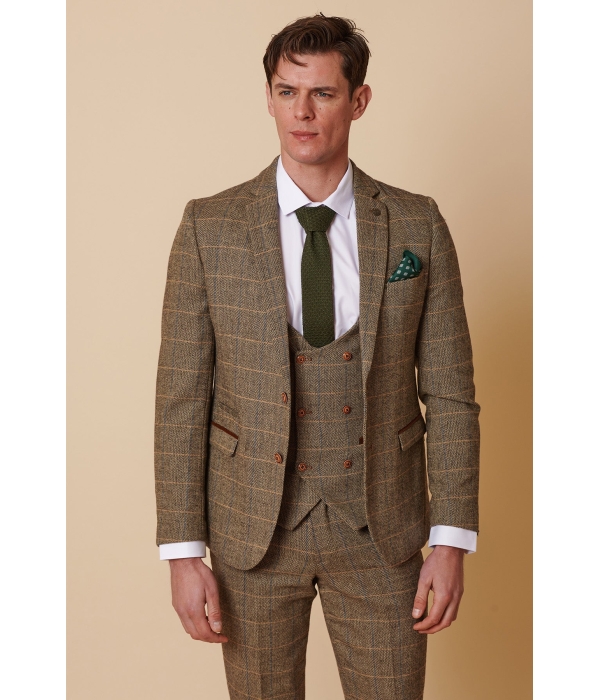 Mens 3 Piece Herringbone Tweed Tan Brown Check Suit Tailored Fit Double Classic