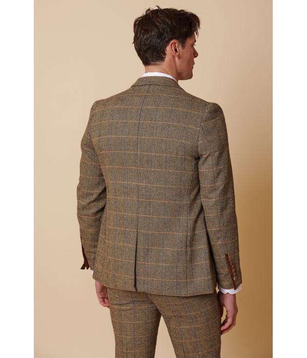 Mens 3 Piece Herringbone Tweed Tan Brown Check Suit Tailored Fit Double Classic