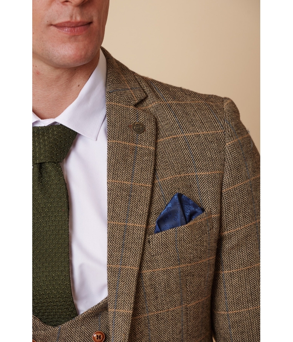 Mens 3 Piece Herringbone Tweed Tan Brown Check Suit Tailored Fit Double Classic